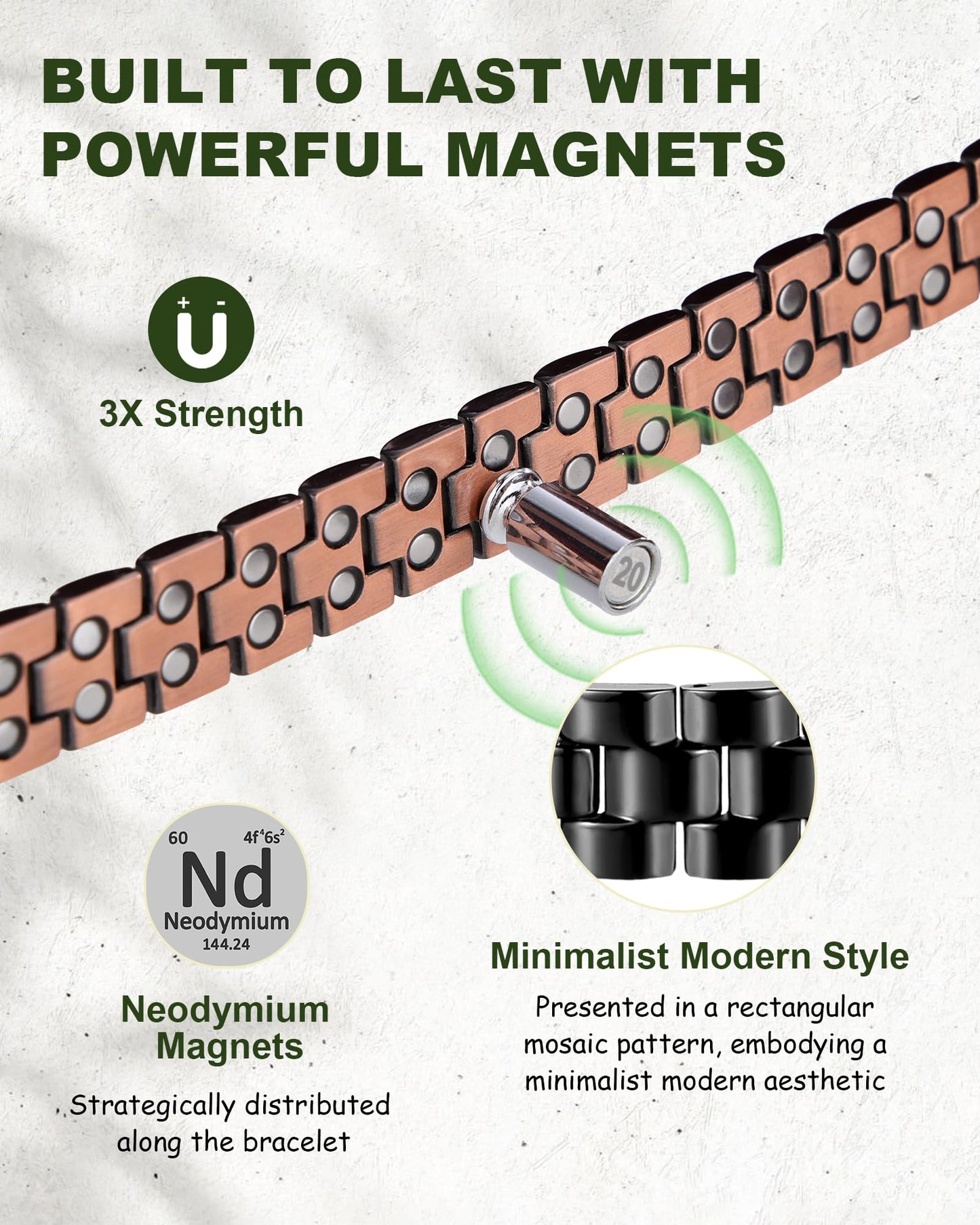 MagEnergy Copper Magnetic Bracelet for Men, 99.9% Pure Copper Bracelet with Double-Row Strength Magnets, Adjustable Jewelry with Sizing Tool