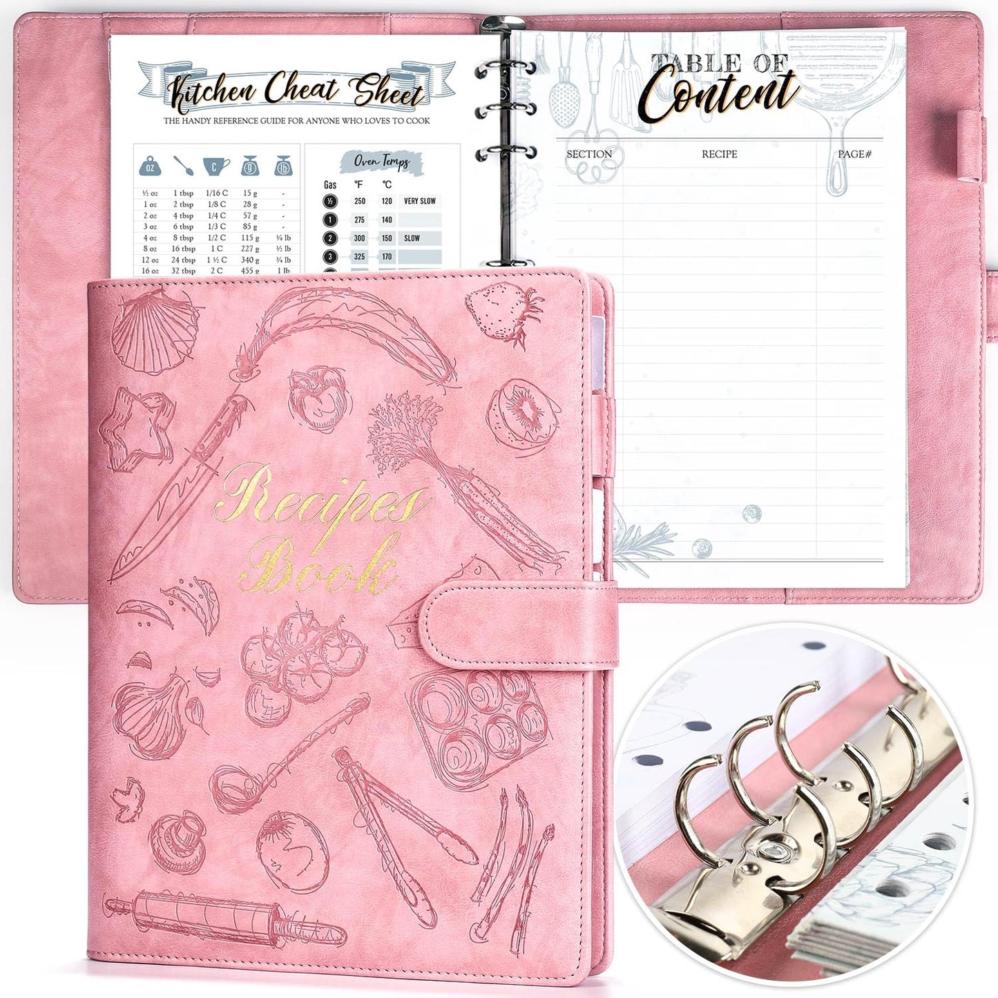 molekaus Recipe Book ，Blank Recipe Book to Write in Your Own Recipes，Recipe Notebook for Family Cooking， Removable Hardcover 7" x 10"Recipe Journal with 160 Pages - Pink