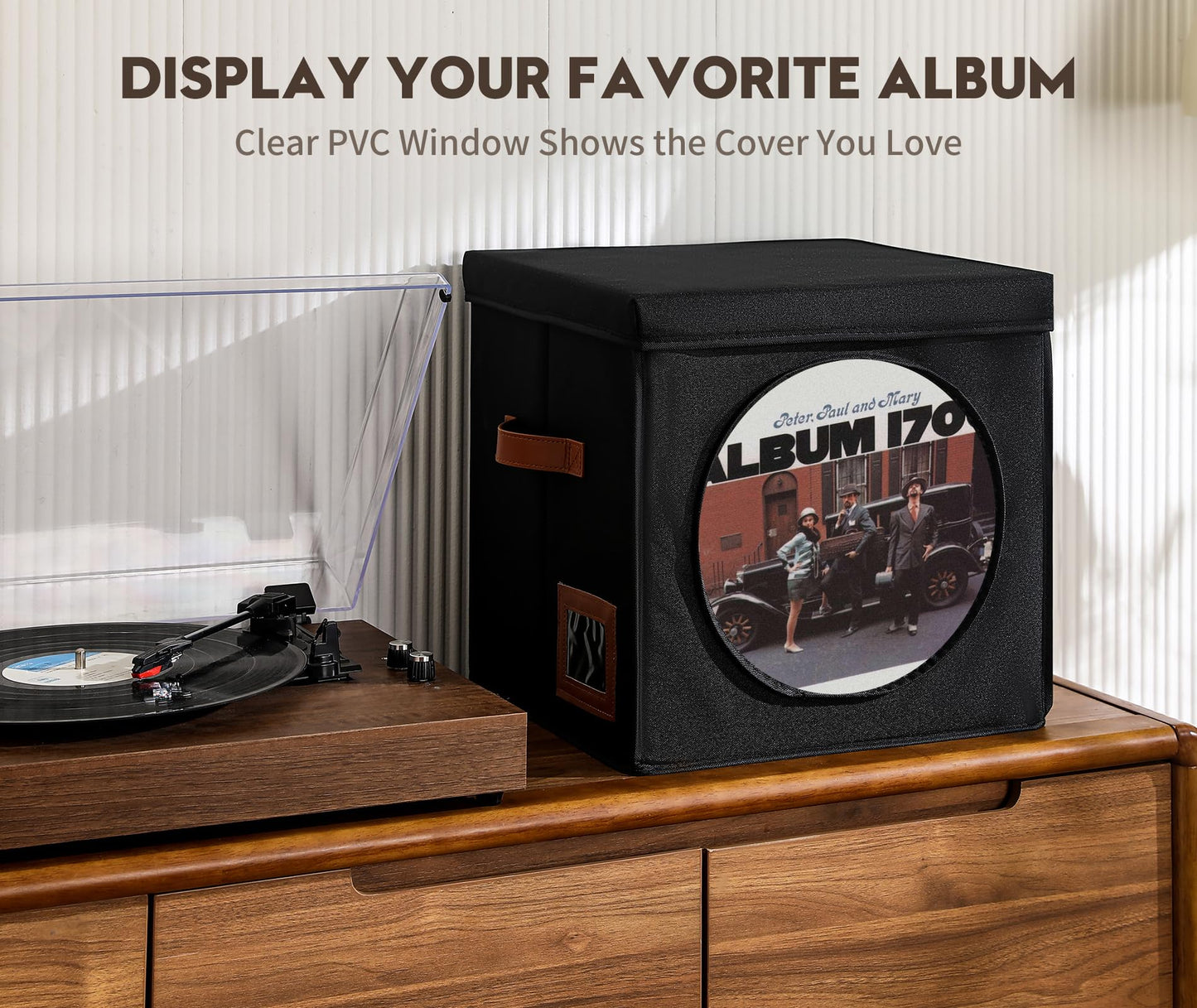 Qozary Vinyl Record Storage Box with Display Window for Album Covers, 2 Pack Record Organizer Crate with Lid, Collapsible LP Storage Box, Label Slot & Leather Handles, Holds Over 100 Vinyl Albums