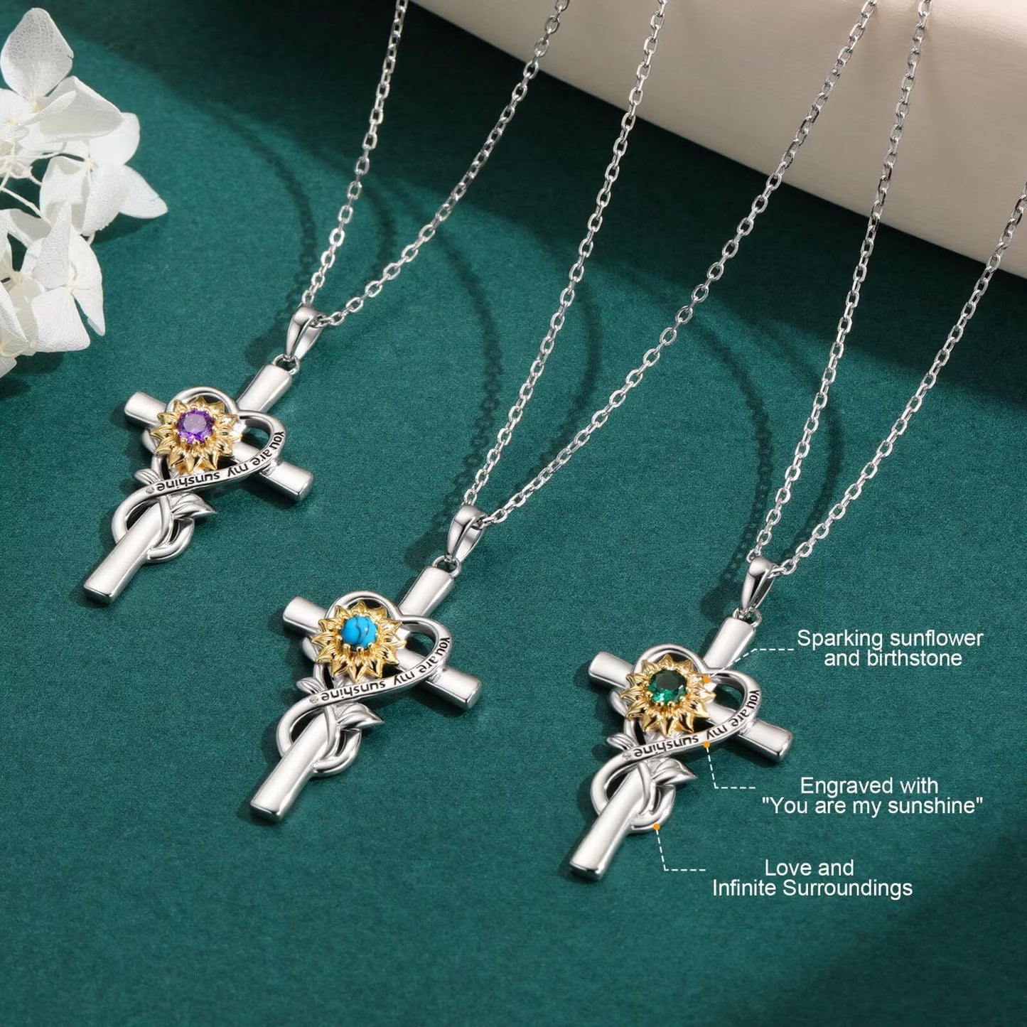 Iefil Cross Necklace for Women - Simulated Aquamarine Jewelry, March Birthstone Necklace | Anniversary Birthday Gifts, Sunflower Gifts for Wife Women Mom