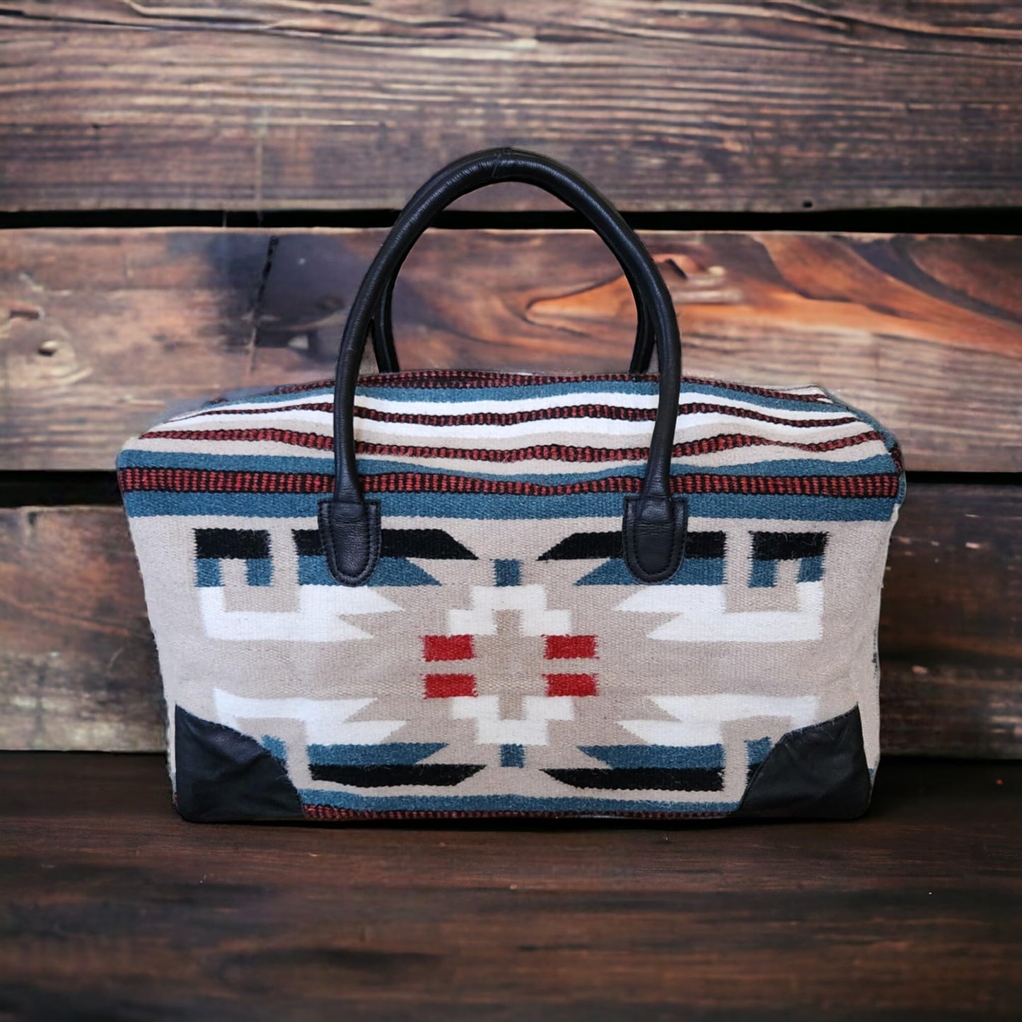 Aztec Large Weekender Southwestern Duffel Bag Saddle Blanket Bag 100% Leather Handles (Sahara)
