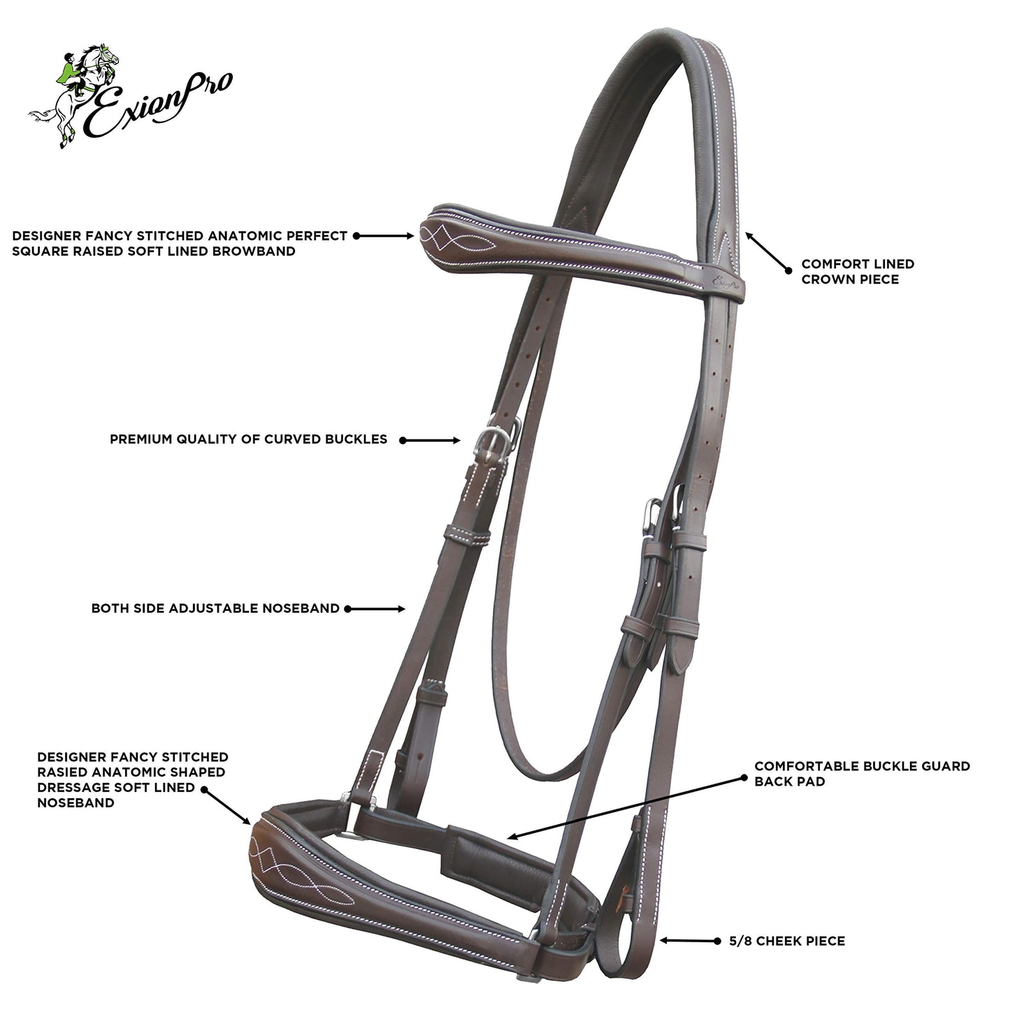 Exion Dressage Bridle for Horses – Anatomical Leather Bridle with Padded Noseband & Browband | Includes Web Reins with Hand Stoppers | Black & Brown | Cob, Full, Pony & Warmblood Sizes
