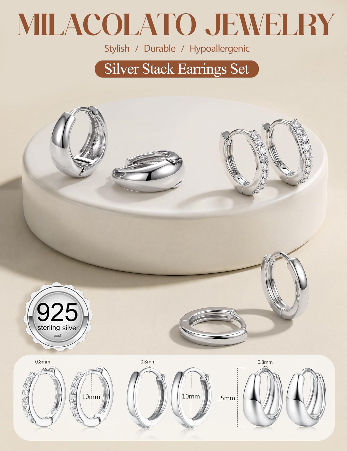 MILACOLATO 925 Sterling Silver Earrings for Women, Sterling Silver Filled Small Huggie Hoop Earrings Sets for Multiple Piercing Hypoallergenic Jewelry, CZ Cartilage Earrings Stacks Trendy Jewelry Gifts, 3 Pairs