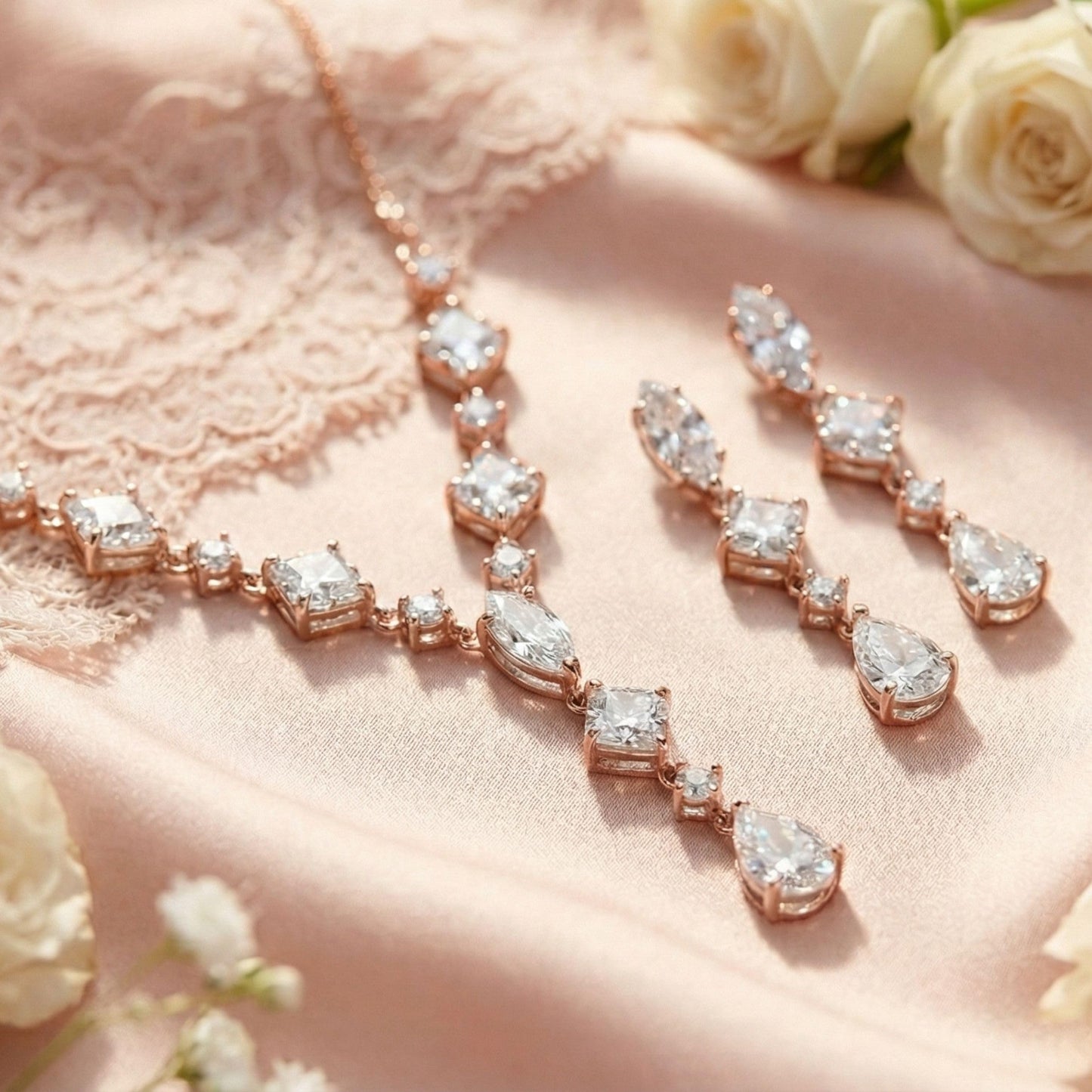 Mariell 14K Rose Gold Plated Cubic Zirconia Necklace & Earrings Bridal Jewelry Set, CZ Crystal Statement Necklace Set for Weddings, Formal Events, Mother of the Bride