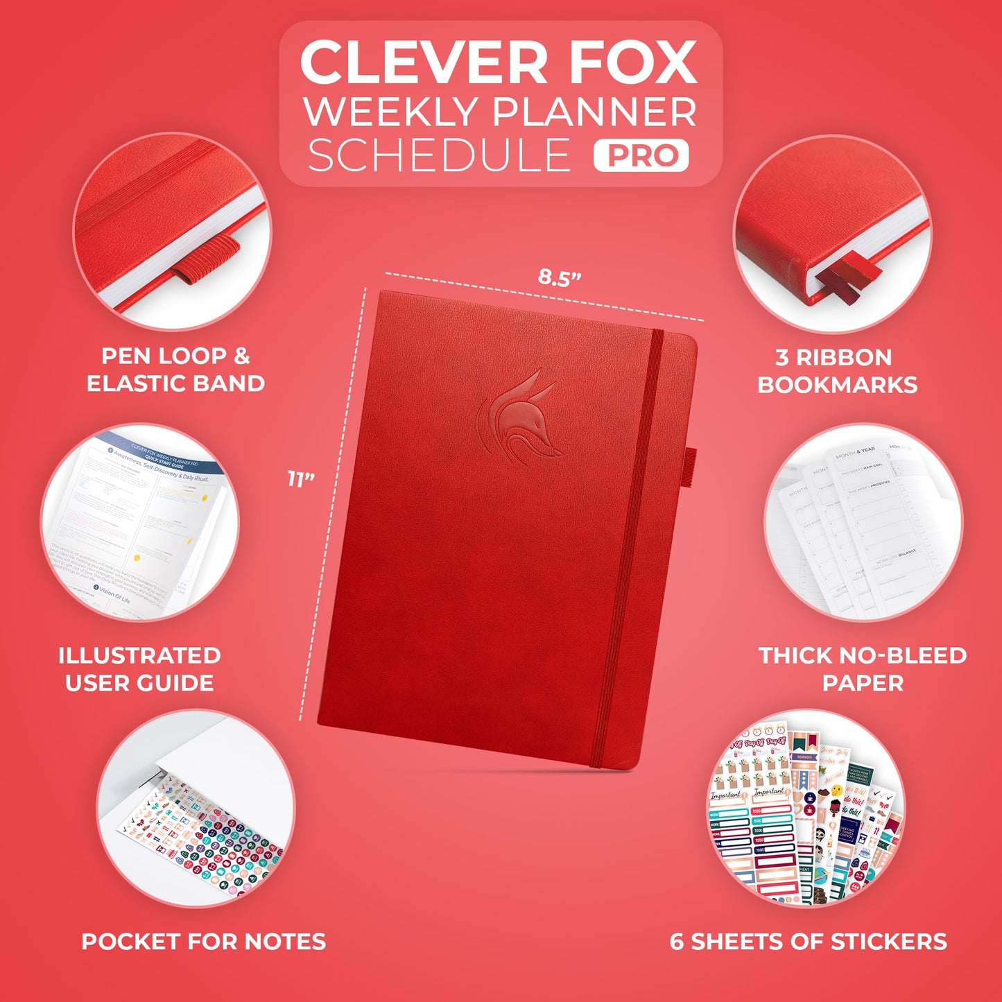Clever Fox Planner PRO Schedule – Undated Weekly & Monthly Life Planner with Time Slots, Appointment Book & Daily Organizer, A4 (Red)