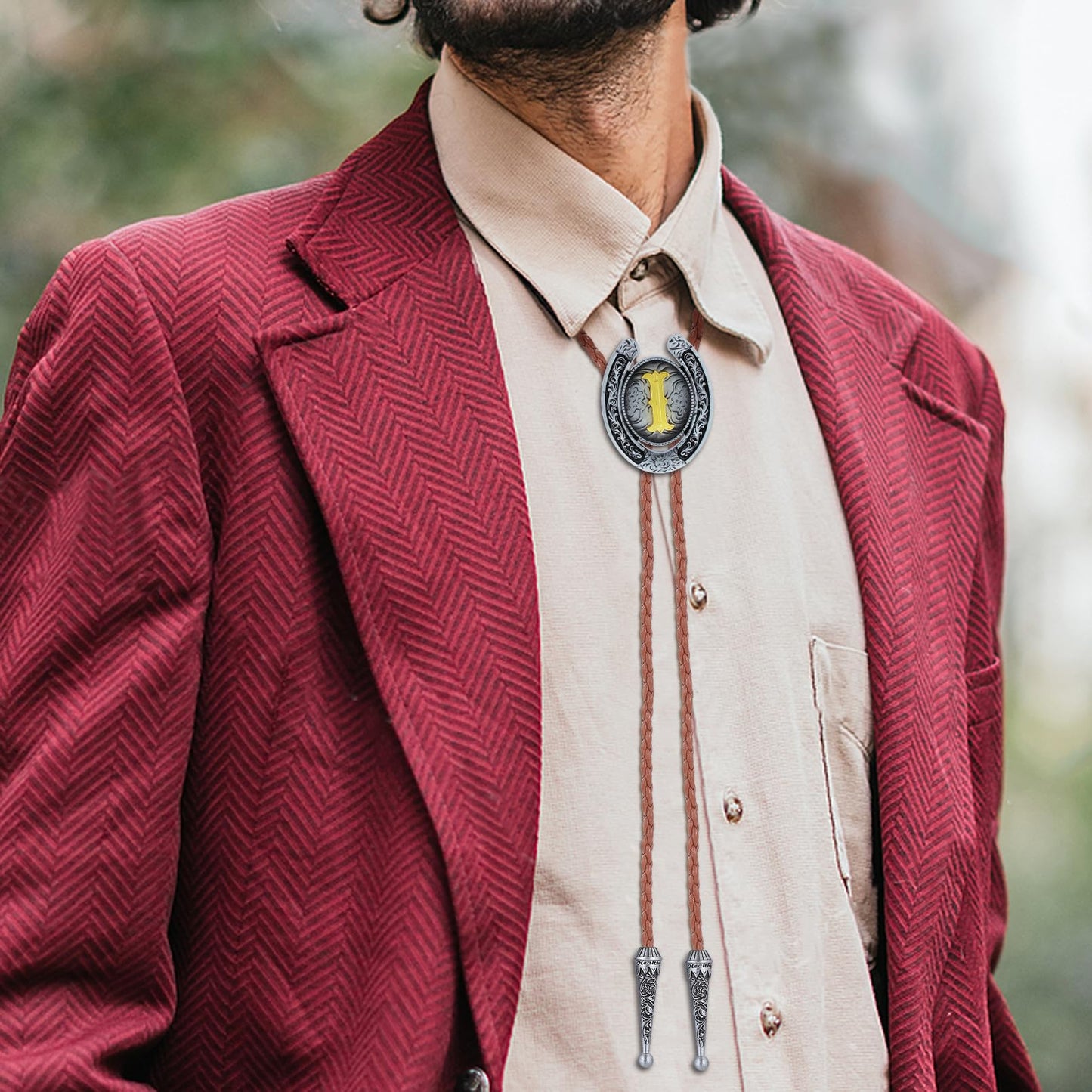 HUABOLA CALYN Brown Bolo Tie for Men Black Initial Letter ABCDMJR to Z Native American Western Cowboy Bolo Tie for Women (I)