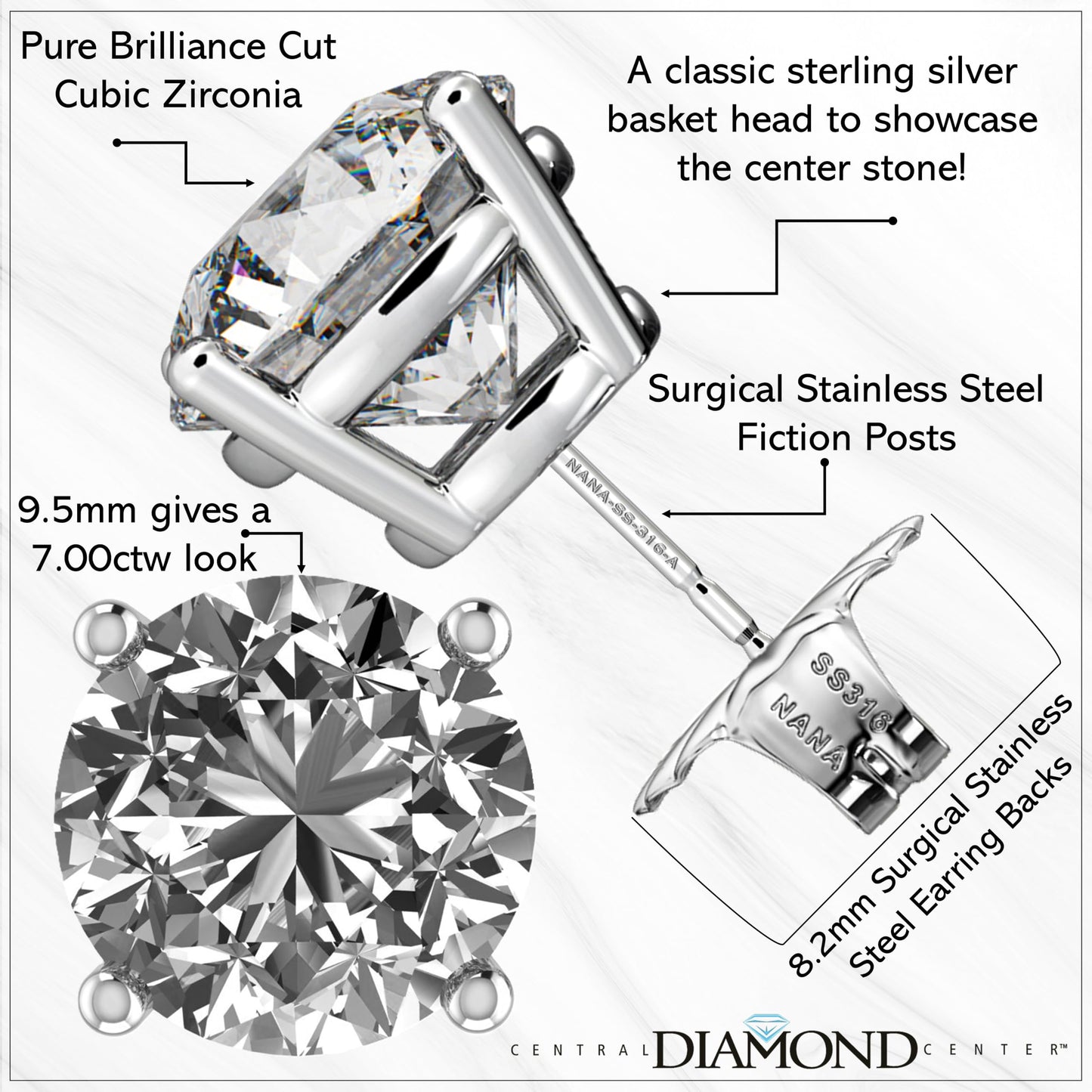 Central Diamond Center Round Simulated Diamond Stud Earrings Hypoallergenic Metal & Sterling Silver CZ - 9.50mm (7.00cttw) Rose