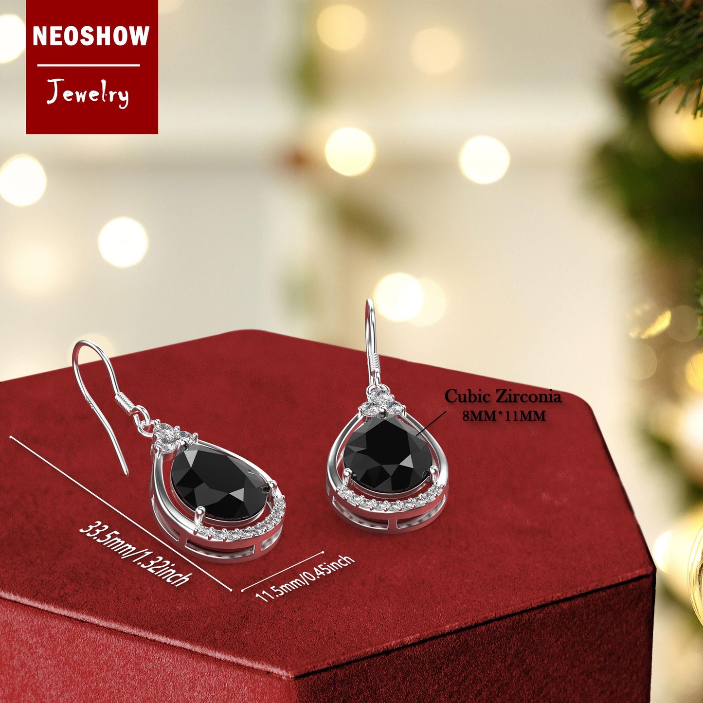 18K White Gold Plated Sterling Silver Teardrop Cubic Zirconia Drop Dangle Earrings for Women Pear Cut CZ Diamond Dangle Earrings Hypoallergenic Jewelry (Black)