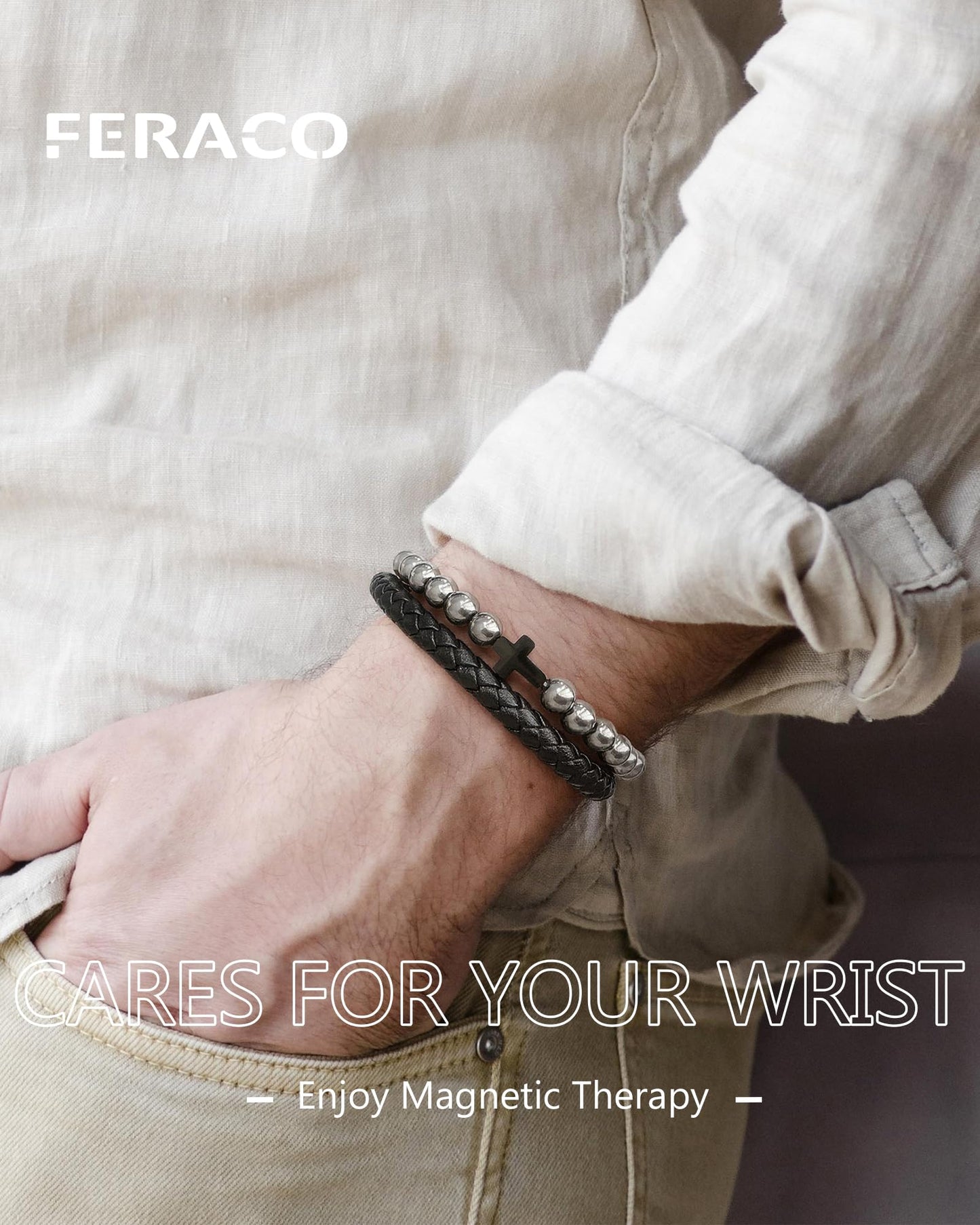 Feraco Magnetic Therapy Cross Braided Leather Bracelet for Men,Hematite Beads Charm Bracelet for Dad,Friends,Brother,Sons