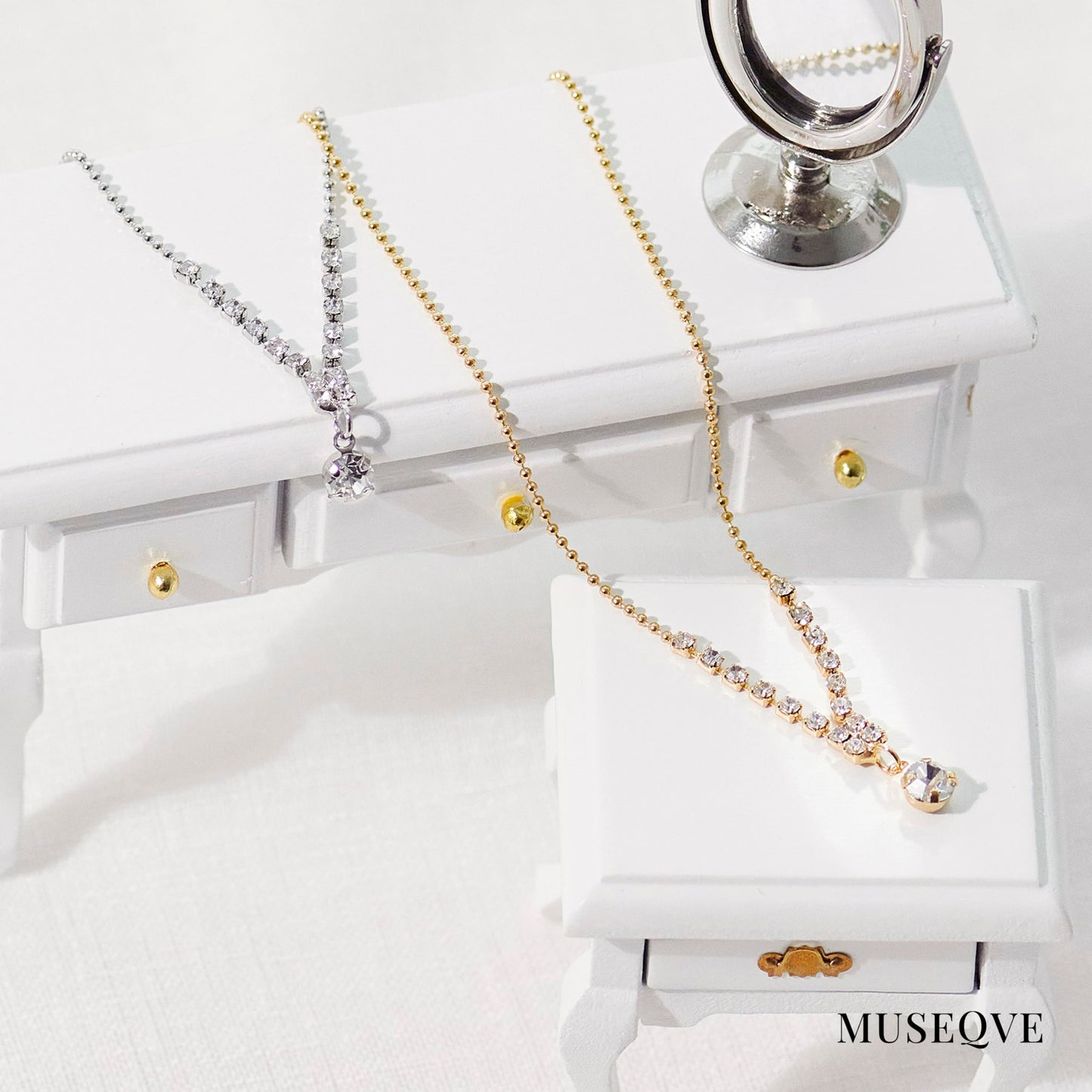 MUSEQVE CZ Drop Solitaire Necklace for Women • Y Shaped Lariat Necklace Round Cubic Zirconia Diamond Pendant Jewelry • Rhodium Plated Tarnish Free Adjustable Chain [CZN-Y-S]