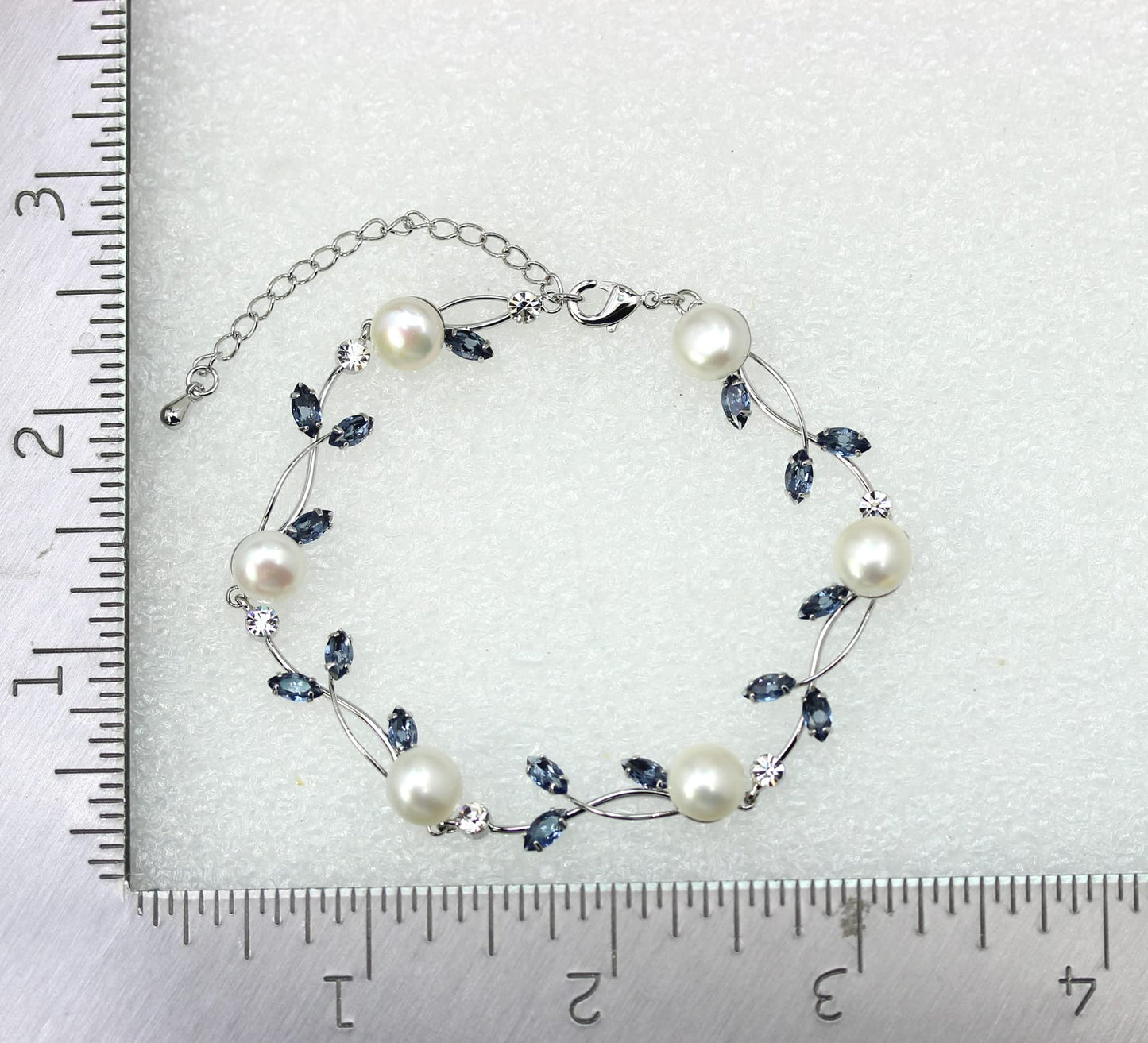 Faship Navy Blue CZ Crystal Genuine Freshwater Pearls Floral Bracelet 7.5" - 9.5" - Navy Blue/Matching Bracelet