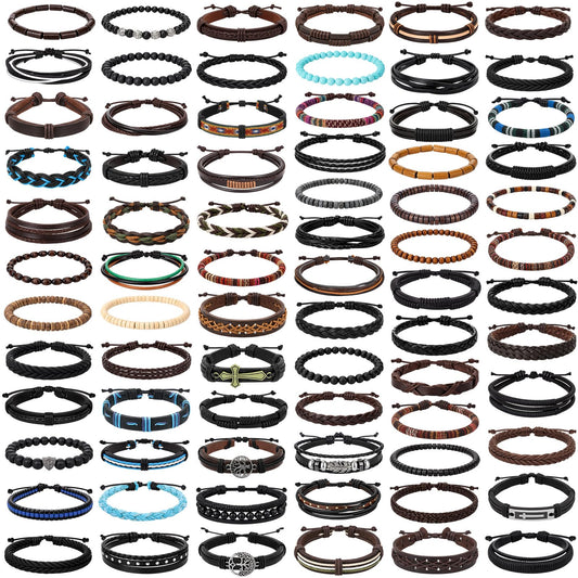 Unittype 80 Pcs Braided Leather Bracelets for Men Women Wrap Wood Beads Cuff Bracelet, Hemp Cords Ethnic Tribal Handmade Wrap Wristband Bracelets Set Adjustable(Stylish Styles)