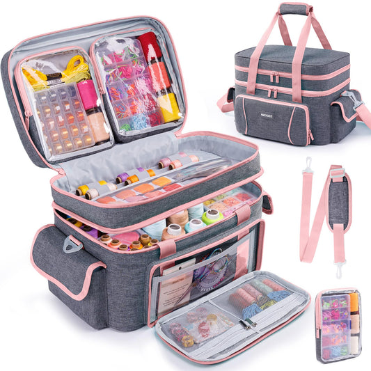 AMOIGEE Double-Layer Sewing Storage Bag with 2 Detachable Pouches – Large Sewing Organizer with Shoulder Strap, Elastic Loops & Dividers for Sewing Supplies, Tools & Accessories
