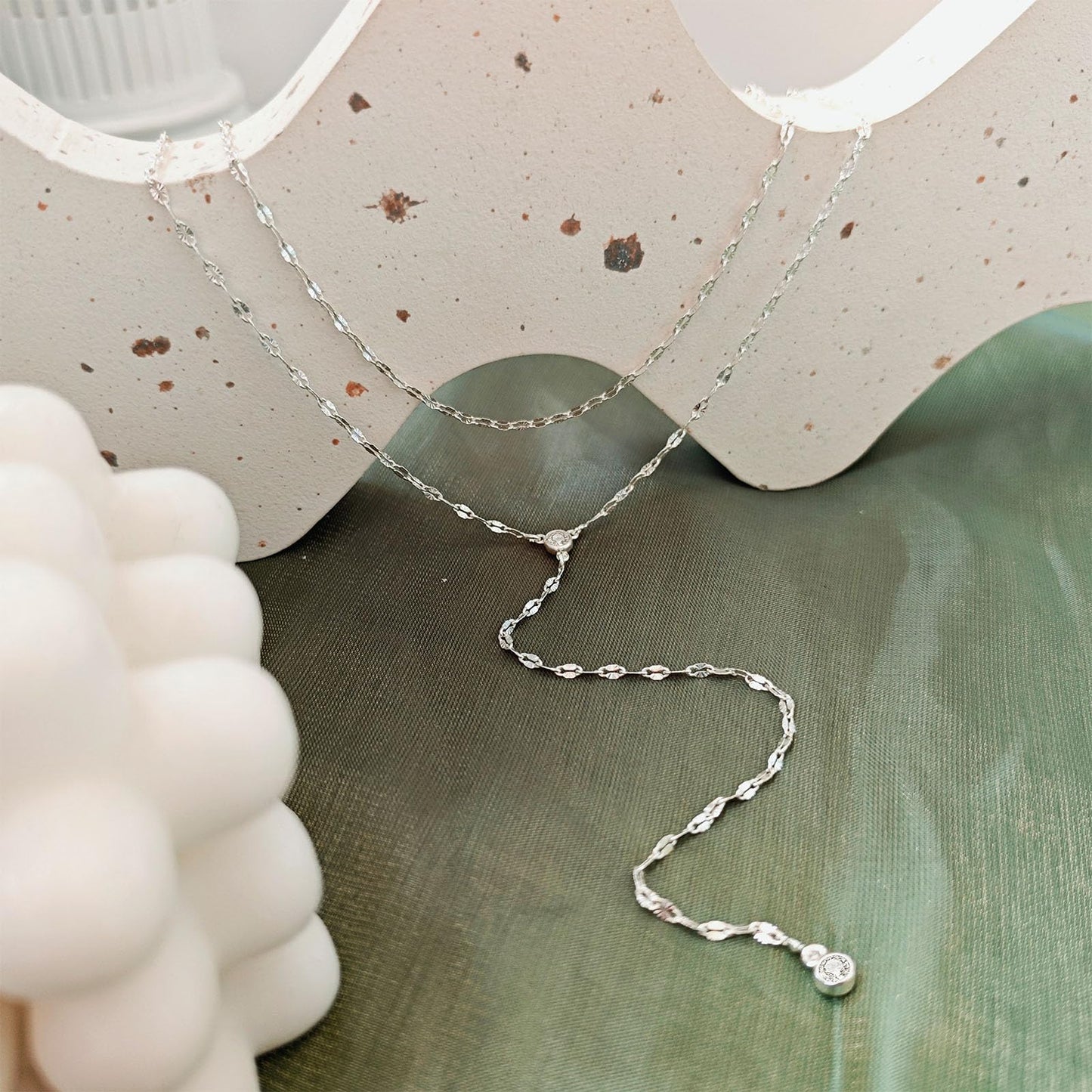 Airmb Lariat Silver Necklace for Women 925 Silver Plated Dainty Long Necklace Y-Shaped Drop Pendant Necklaces Choker Trendy Chain Simple Layered Necklaces CZ Jewelry for Women Set Gift
