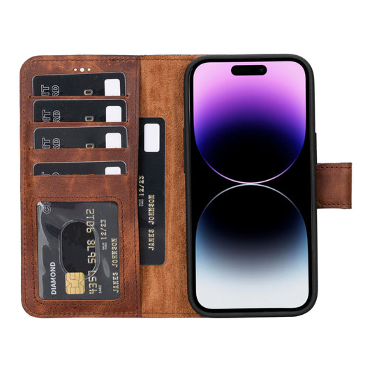 HARDISTON Genuine Leather Handmade Wallet Case Compatible with iPhone 15 - MagSafe Compatible - Detachable Strong Magnetic Flip Cover with Card Holders - Horizontal Kickstand (Brown)
