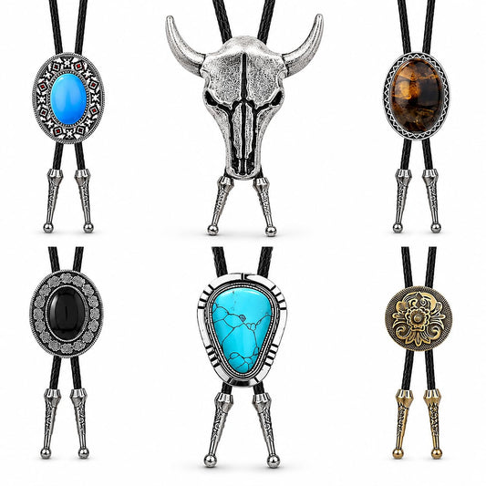 AOzT 6 Pcs Western Bolo Ties for Men - Cowboy Leather Bolo Tie Set with Vintage Bull Skull Turquoise Style Pendants, Adjustable Necktie Accessories for Men Women