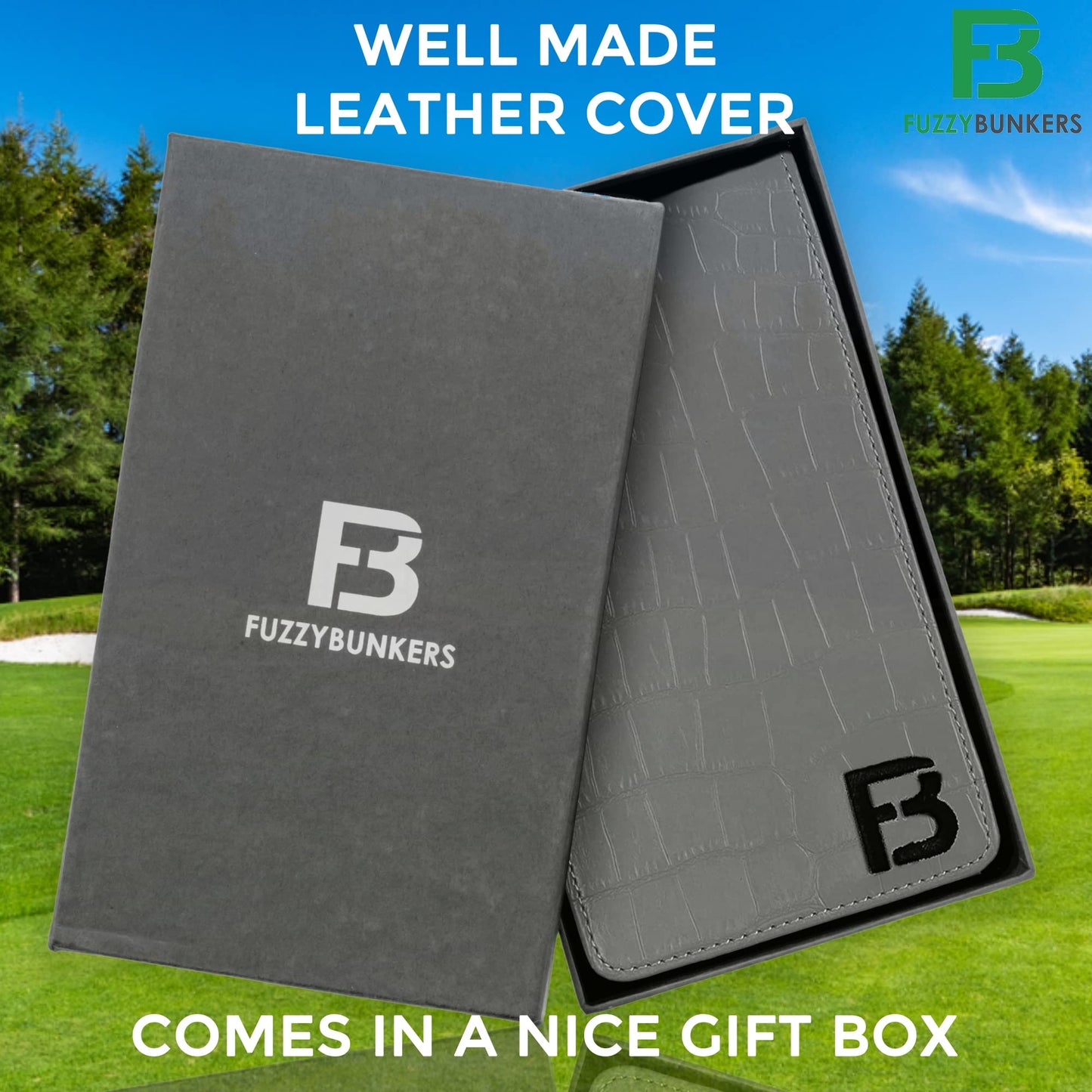 FB FUZZYBUNKERS Quality Leather Golf Scorecard Holder - Yardage Book Cover - Golf Yardage Book -Free Pencil and Stat Tracker Sheet (Gray)