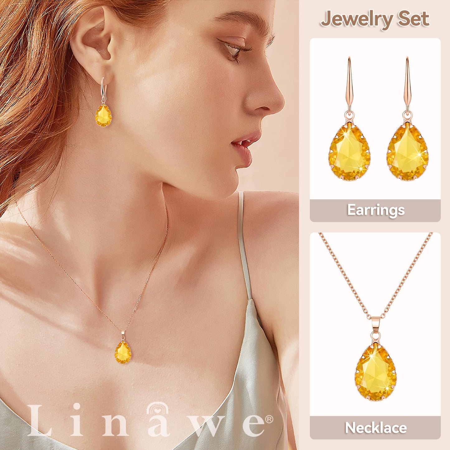 Linawe Yellow Costume Jewelry Sets for Women, Rhinestone Tear Drop Earring Set, Imitation Diamond Birthstone Crystal Pendant Necklace, Rose Gold Cubic Zirconia Women's Jewelry Sets