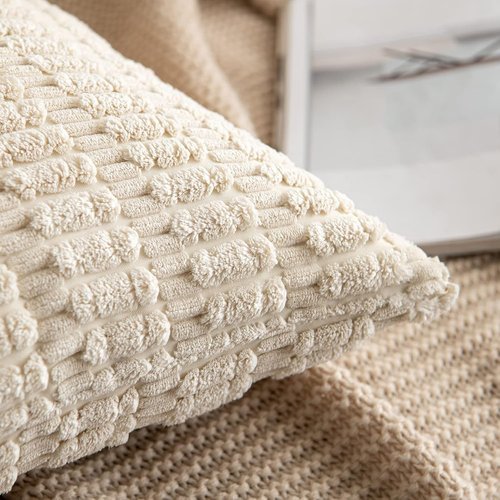 MIULEE Corduroy Throw Pillow Covers - Soft Boho Striped Design, 12x12 Inch, Cream White | Modern Farmhouse Decor