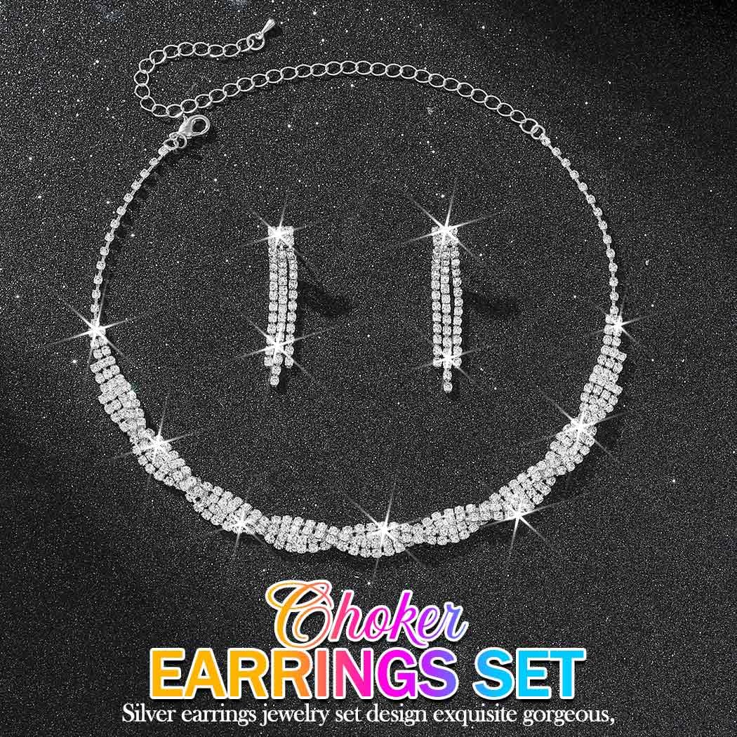 Brishow Bridal Choker Necklaces Set Silver Wedding Jewelry Sets Formal Rhinestone Necklace and Earring Set for Women (silver)