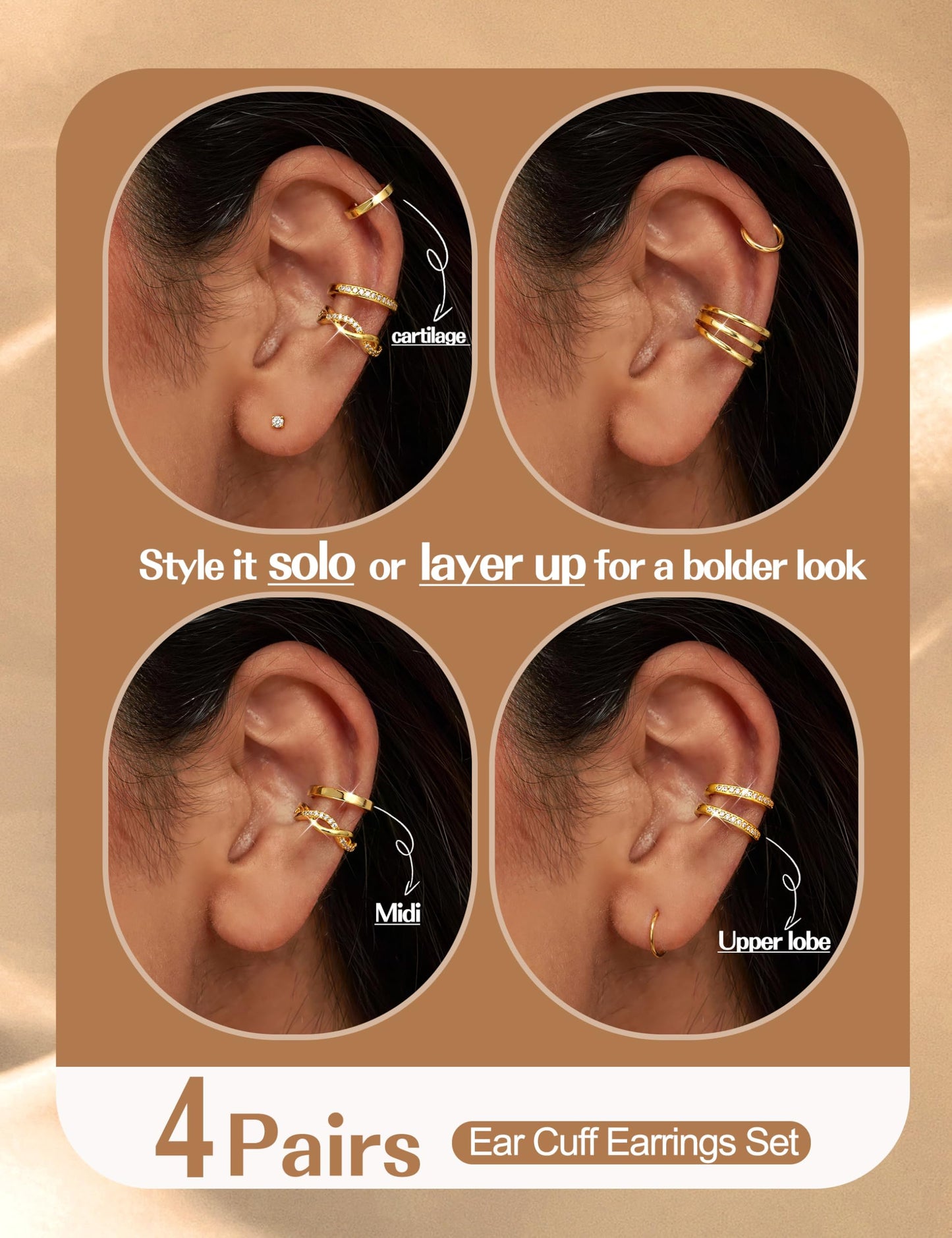 4 Pairs Ear Cuffs Non Piercing - 14K Gold Plated Ear Cuffs Earrings for Women Trendy Ear Cuff for Non Pierced Ears Clip On Carrtilage Earring Lightweight Adjustable Fake Earrings Set Classic