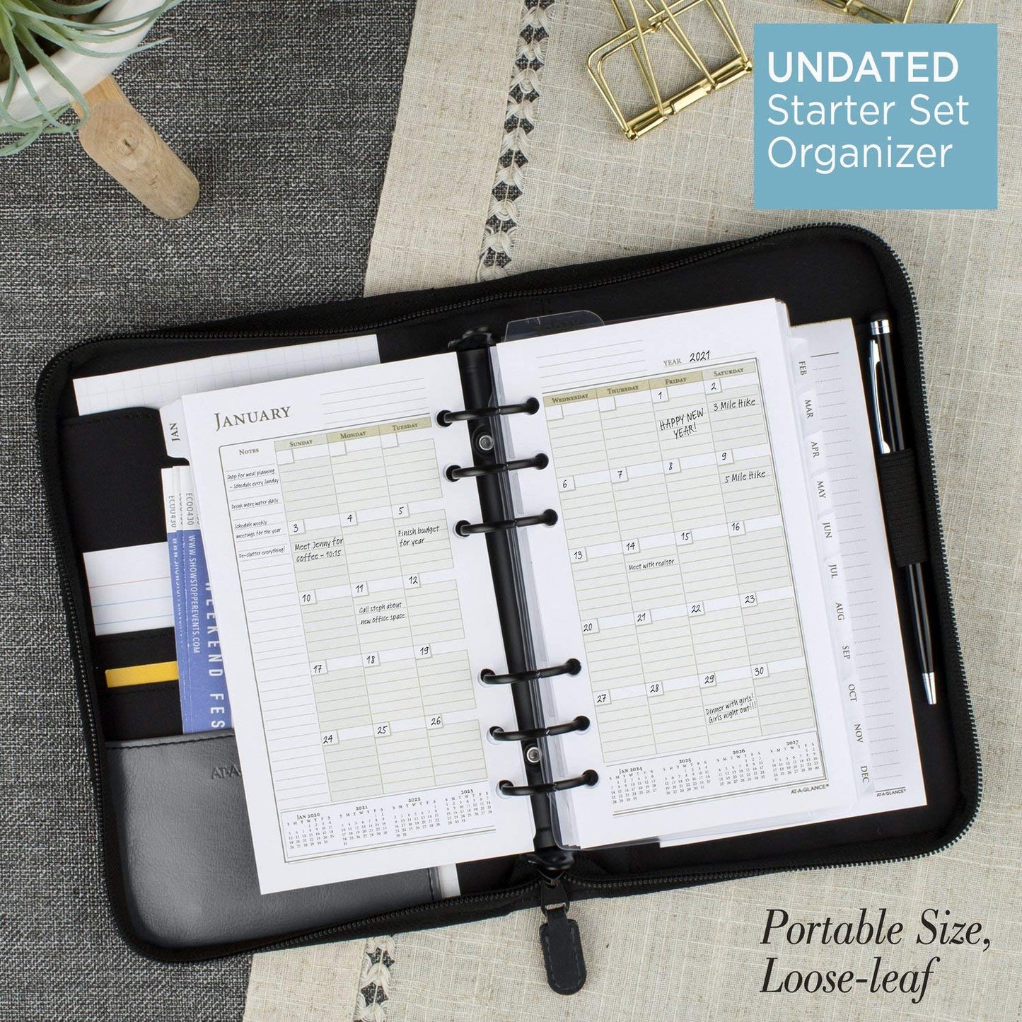 AT-A-Glance Faux Leather Undated Starter Set, 6-Ring, 3-3/4" x 6-3/4, Portable Size, Black (033-0240-05)