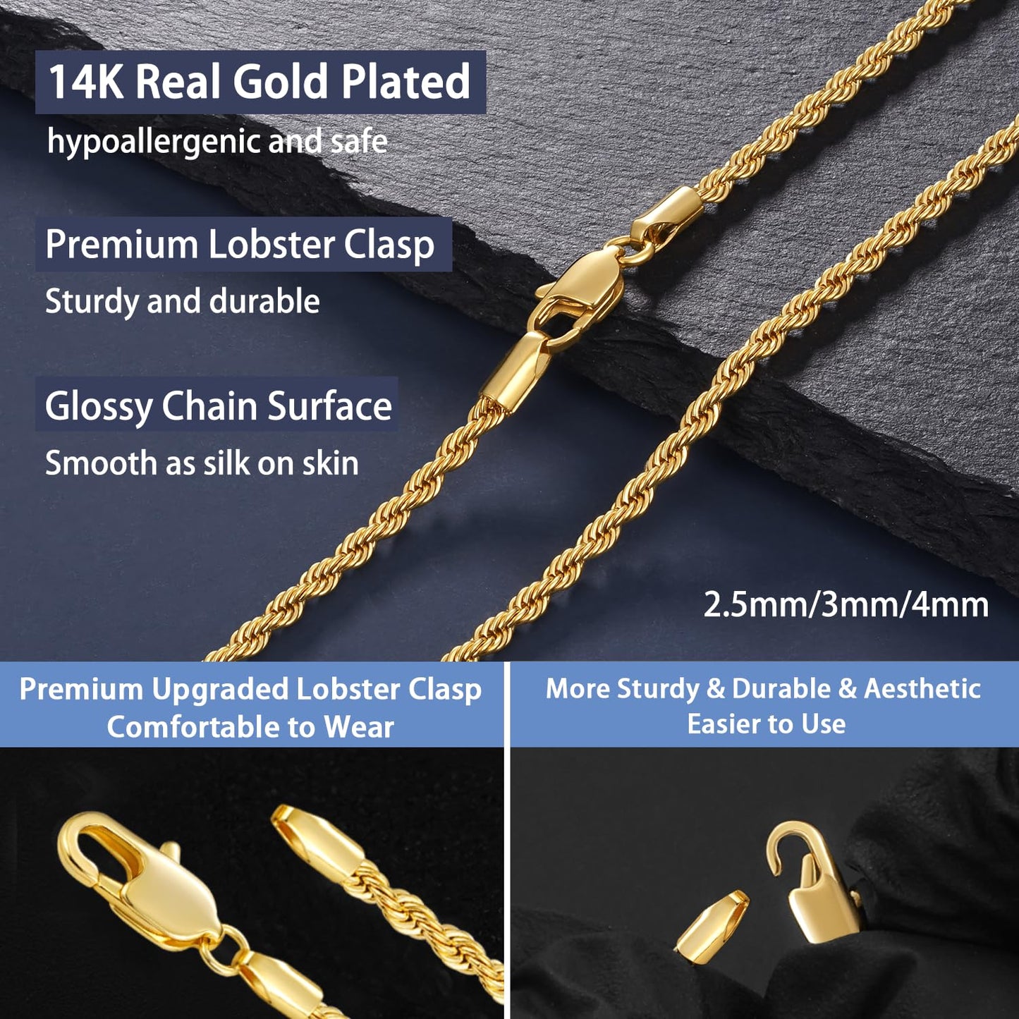 Jewlpire 14K Gold Plated Chain Necklace for Men, 4mm Stainless Steel Rope Chains 14K Gold Plated Chain for Men, Mens Chains Necklace 20 Inch