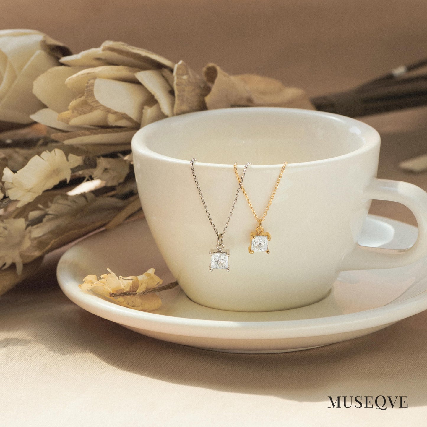 14K Gold Plated CZ Solitaire Necklace for Women • Princess Cut Square Rectangle Rhombus Cubic Zirconia Diamond Pendant Jewelry • Tarnish Free Adjustable Chain [CZN] (Rose Gift Box, Princess-Silver)