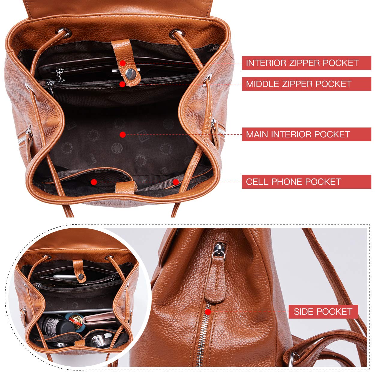 BOYATU Women’s Full-Grain Leather Backpack Purse, Minimal Structured Design, Work Commuter & City Travel, Compact Everyday Essentials, Fashion RFID Pocket Bag ((Brown)