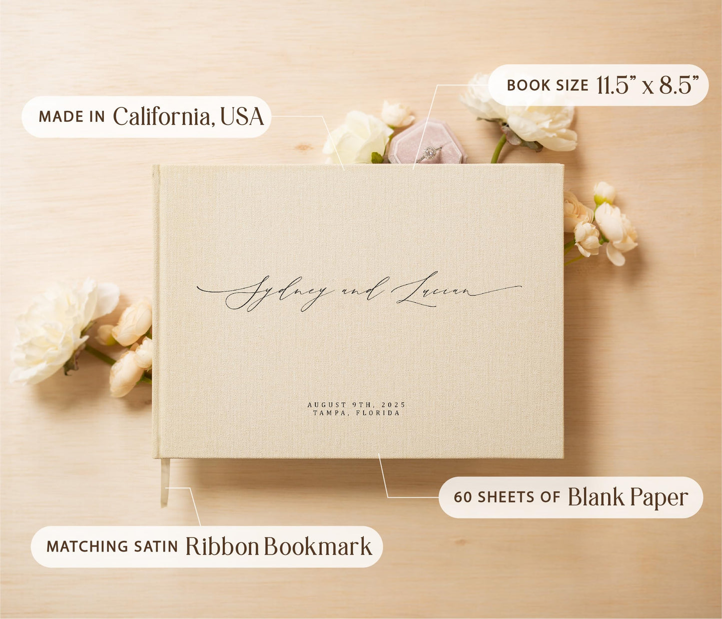 MUUJEE Personalized Guestbook in Cream - Premium Custom Modern Guest Book for Wedding Reception, Birthday Party or Events w/Bookmark Blank Pages for Signing, Extra Large 11.5 x 8.5 inches