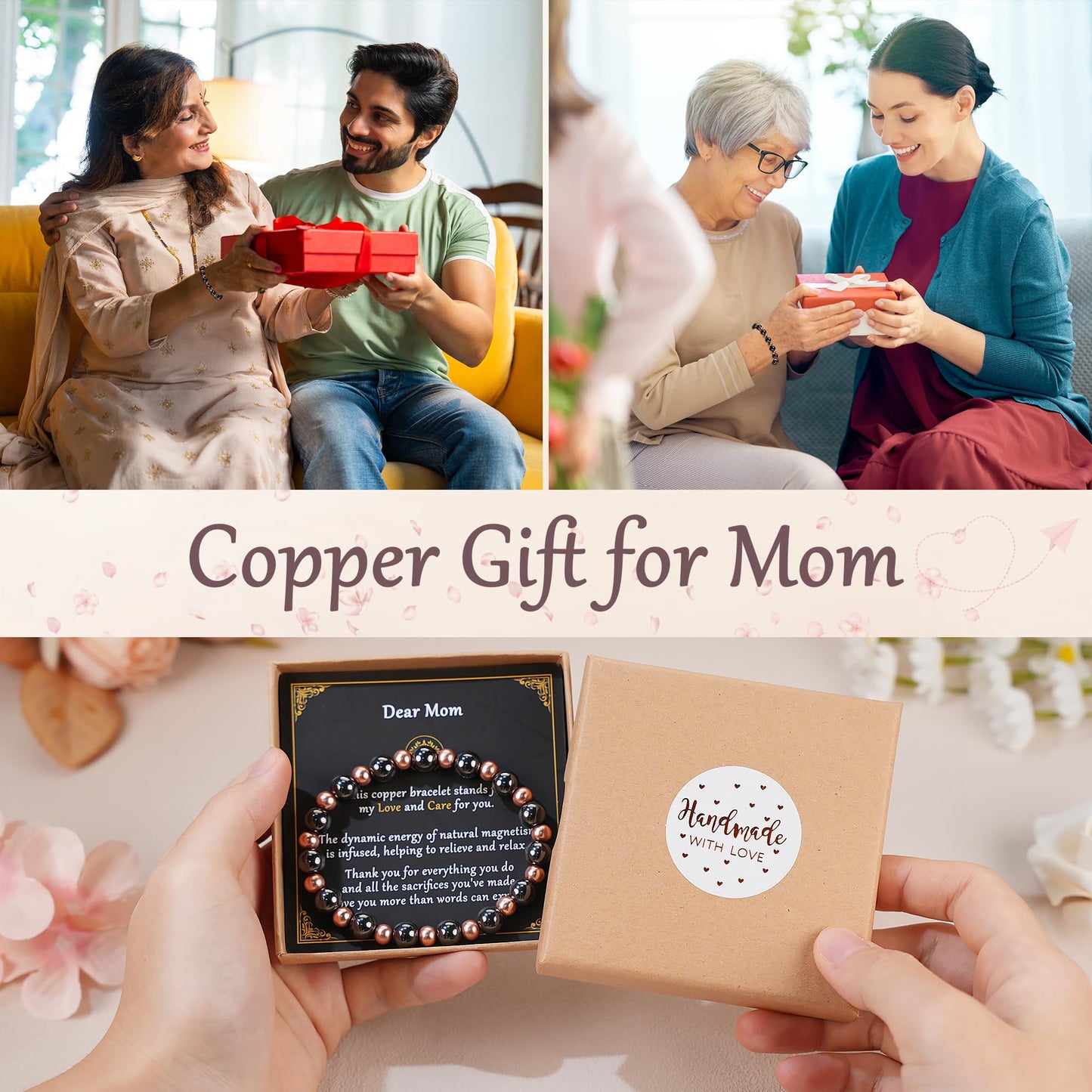 PEALICIOUS Copper Bracelet for Mom, 8MM Copper Jewelry as Mother Day Gift with 3800 Gauss Magnets, Cooper Magnetic Bracelets for Women as Mother Birthday Gifts for Balance Power