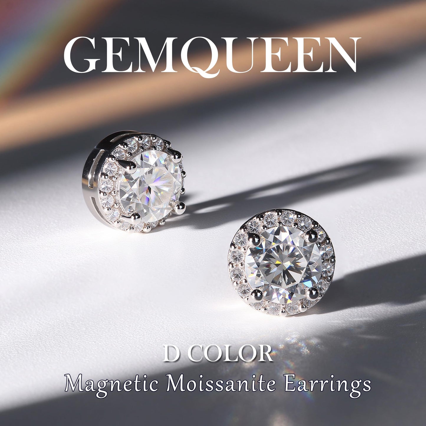 GEMQUEEN Moissanite Magnetic Earrings for Men Women : Hypoallergenic 14K White Gold Plated Stainless Steel Non Piercing Fake Earrings Studs Halo Round D Color VVS1