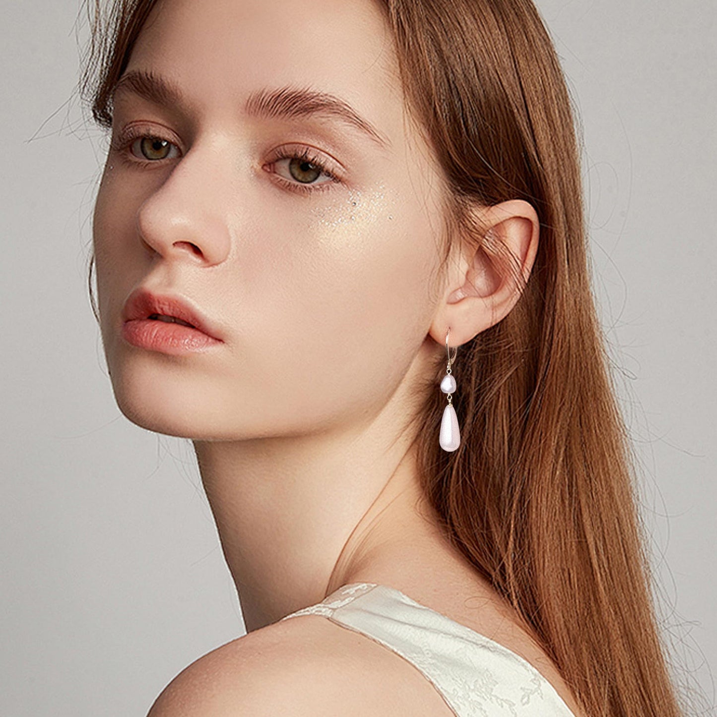Silver Pearl Dangle Earrings for Women 925 Sterling Silver Double pearl Drop Earrings Leverback Irregular-Pearl Hypoallergenic Earring