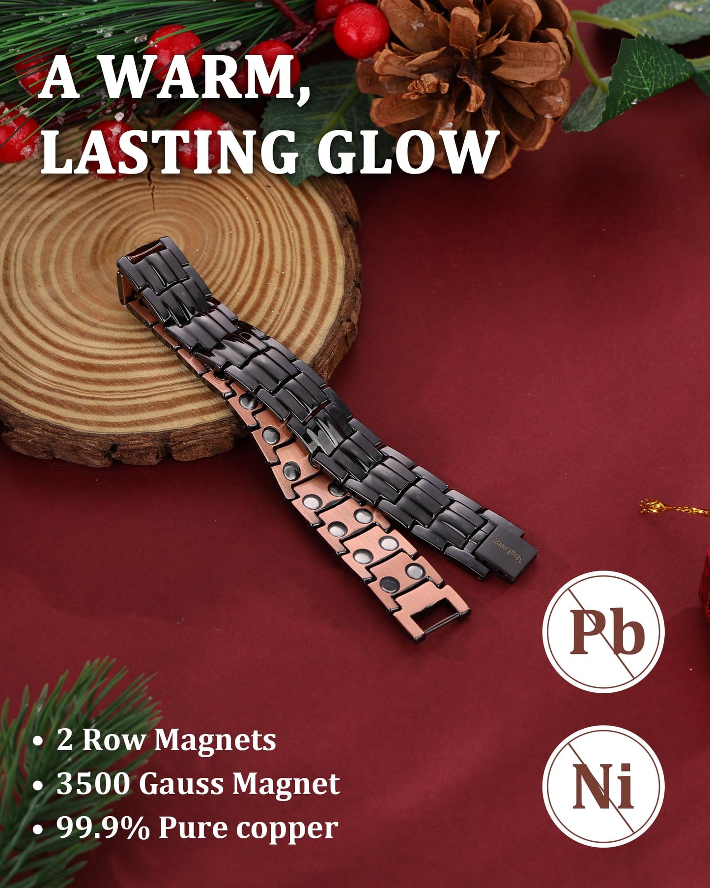 MagEnergy Mens Copper Magnetic Bracelets, Christmas Gifts Box, 99.9% Pure Copper Bracelet with Double-Row Strength Magnets, Adjustable Jewelry with Sizing Tool