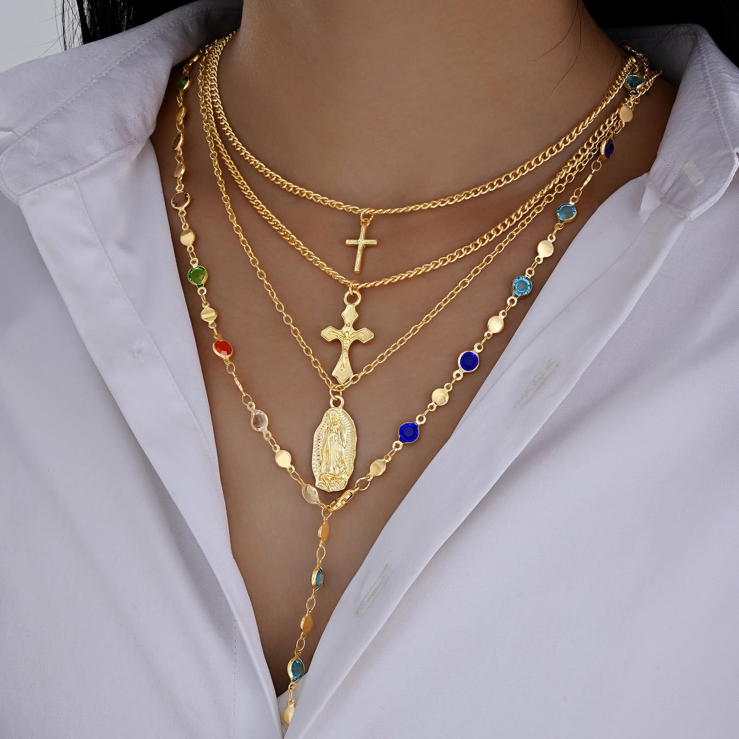4PCS Layered Gold Cross Necklaces for Women Trendy, Bohemian Bead Pearl Y Long Pendant Necklace Set, Vintage Rosary Necklace Stack Adjustable Length