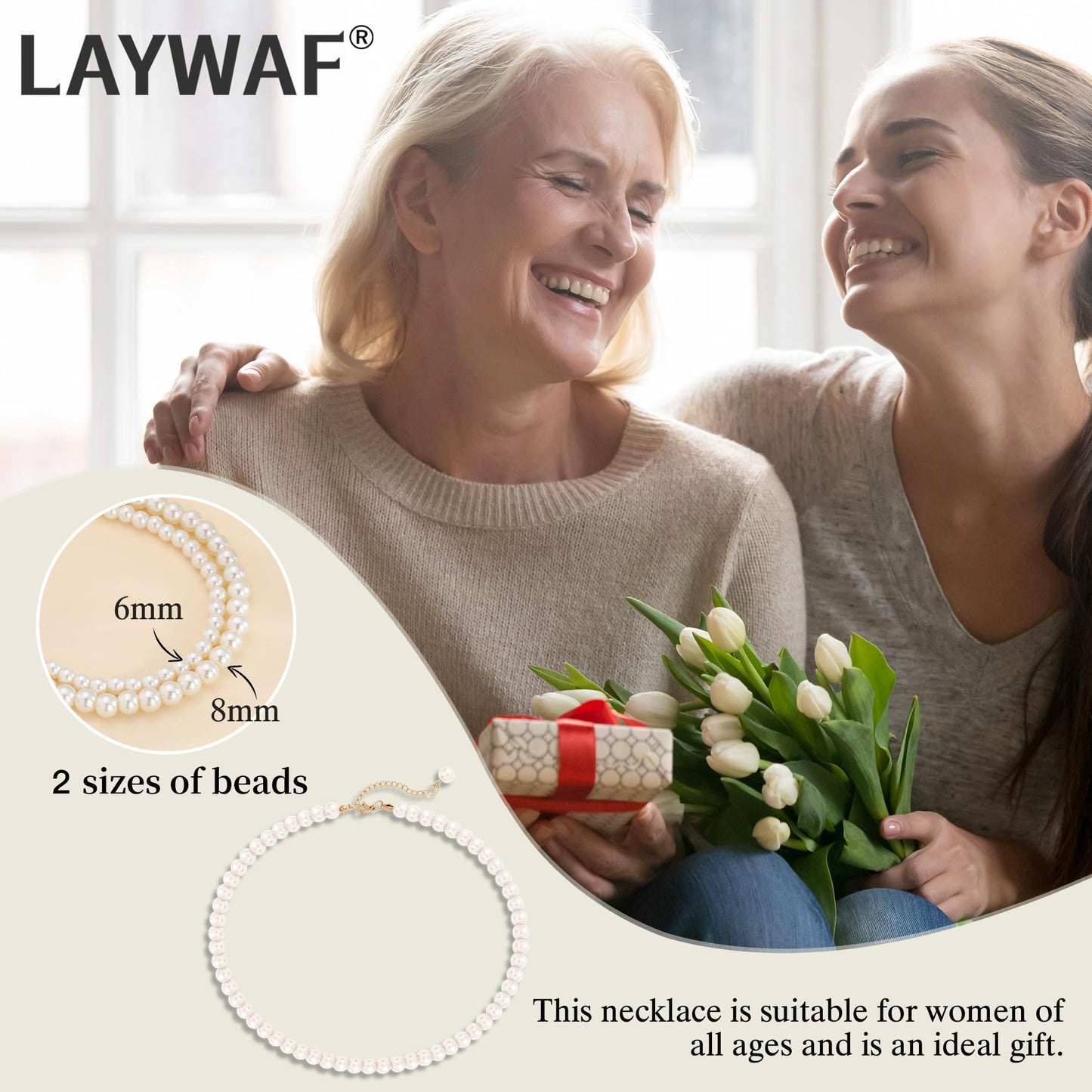 LAYWAF White Imitation Pearl Necklace for Women, Fake Pearl Choker Necklace, 8MM Beaded Necklace, Dainty Simple Faux Pearl Mom Necklace, Wedding Necklace for Bride Bridal