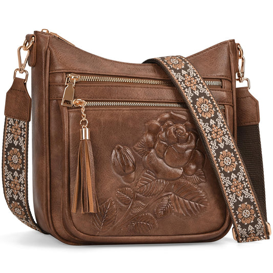 FORUWISH Crossbody Bags for Women, Vegan Leather Brown Crossbody Purse, Multiple Pocket Everyday Travel Shoulder Bag with Boho Strap