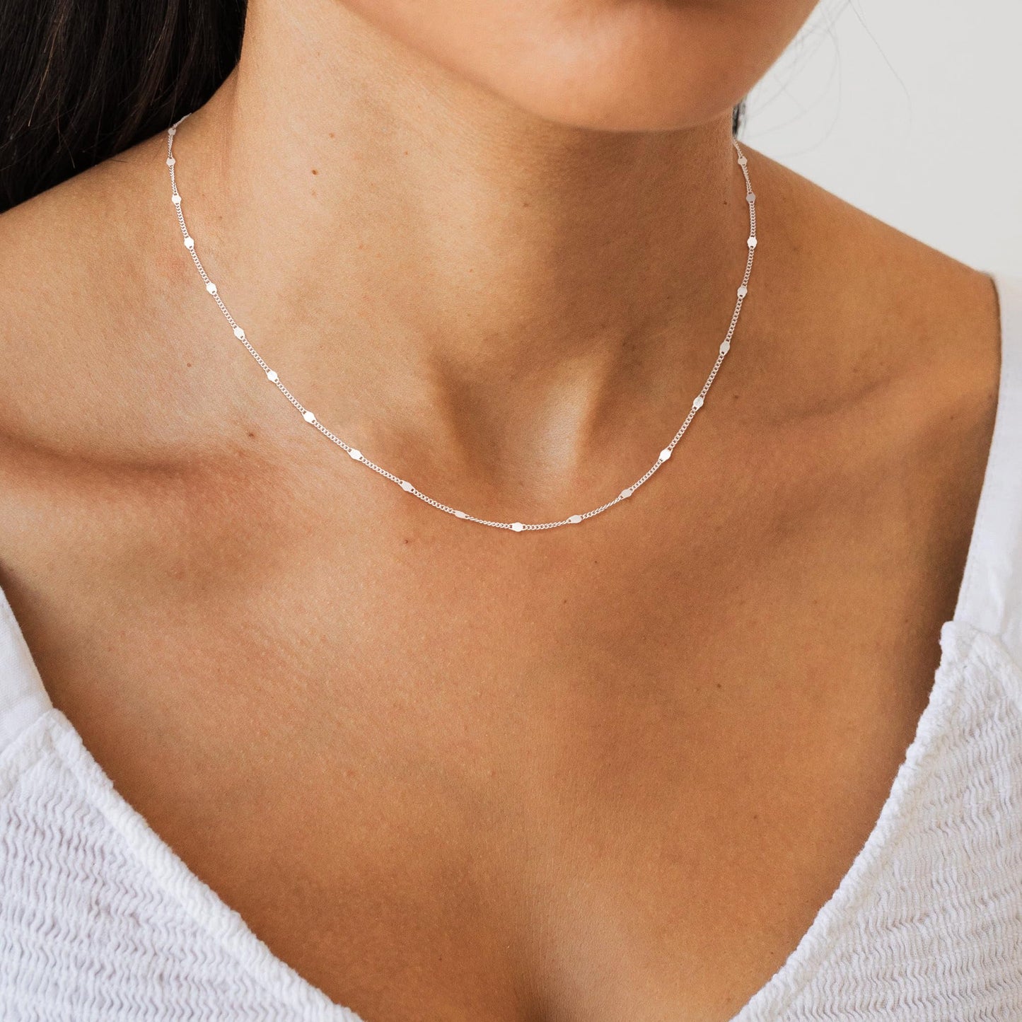 Freekiss 925 Sterling Silver Chain Necklace for Women Trendy 16+2 Inch Classic Simple Dainty Choker Dot Chain Necklace Adjustable Layered Silver Jewelry Gift