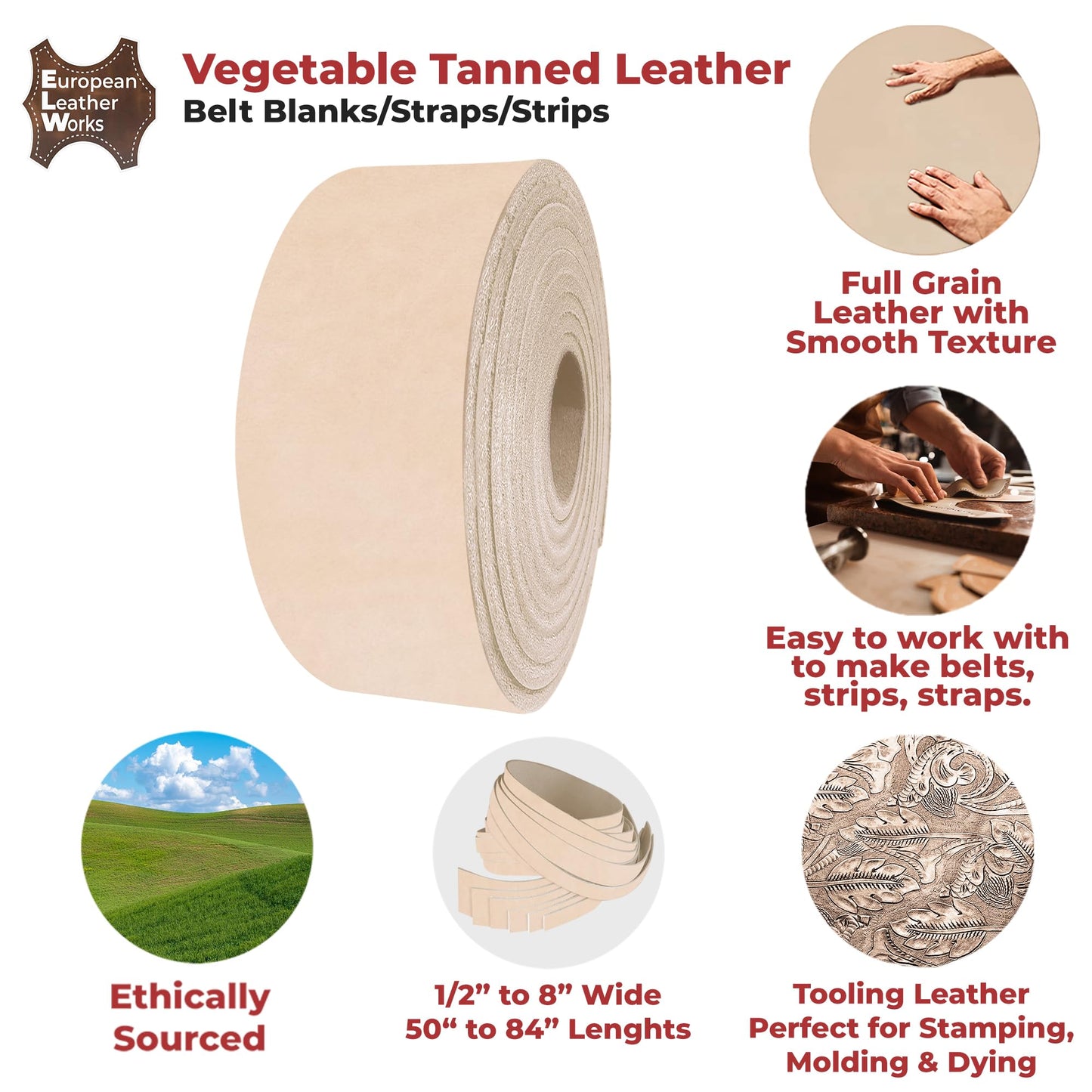 ELW Leather Strap, 8-9 Oz, 1.25 inch Wide x 40", Cowhide Veg Tan Leather Belt Blank, Leather Strips, Tooling Leather, Tan Straps for Crafts, Belt Making & Crafting Blank Hide