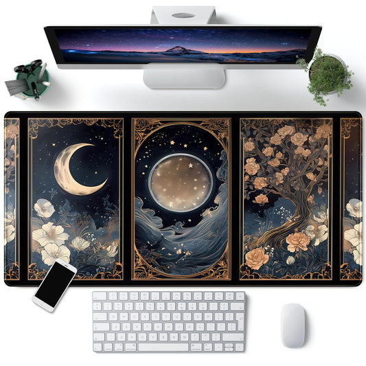 Celestial Lunar Nature Tarot Card Desk Mat Moon Floral Large Mouse Pad XXL 31.5''X 15.7'' Witch Night Botanical Desk Pad Gaming Mousepad Keyboard Mouse Mat for Laptop Computer Office Decor Gift