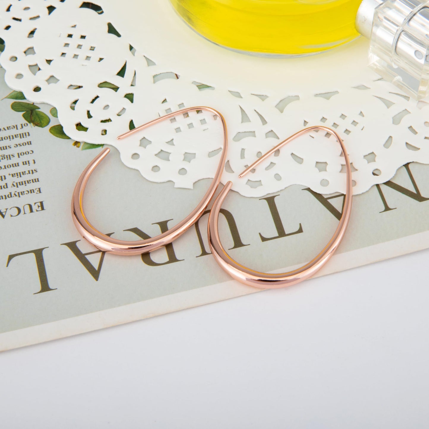 Lightweight Teardrop Hoop Earrings for Women - 14k Gold/White Gold Plated Large Oval Pull Through Hoop Earrings High Polished Statement Jewelry Gift for Women(rose gold 50 * 30)