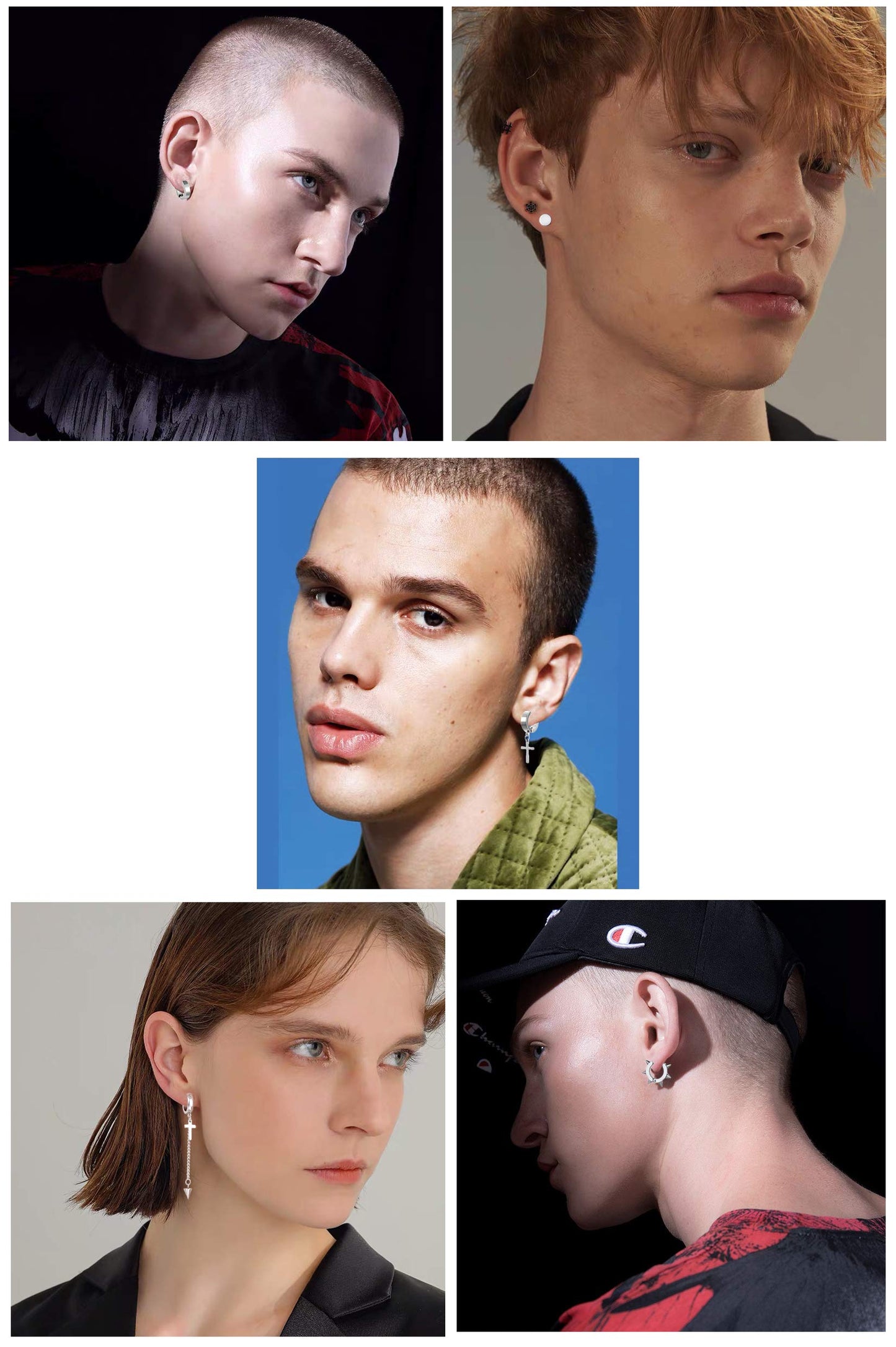 5 Pairs Black Stainless Steel Non-Piercing Spike Rivet Cross Dangle Tassel Clip on Hoop Earrings Set for Women Men, Non Pierced Fake Ear Clip Stud Earrings (Silver)