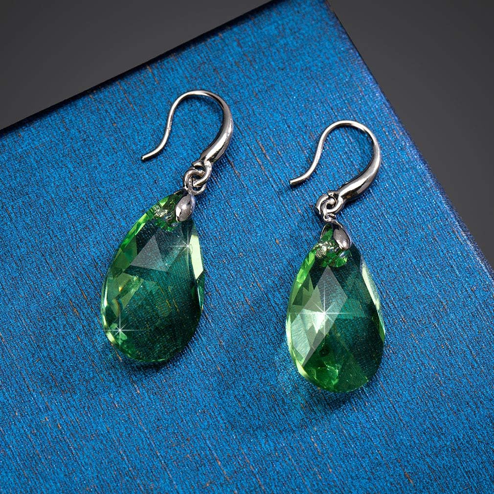 Austrian Crystal Teardrop Dangle Hook Earrings for Women 14K Gold Plated Hypoallergenic Jewelry (Green)