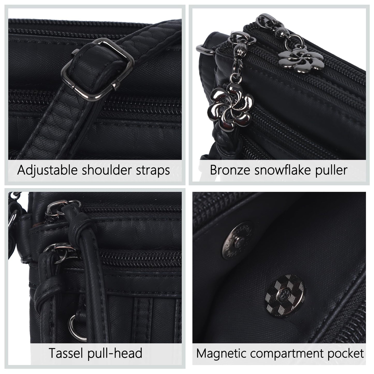 Angel Kiss Small Crossbody Bag for Women Leather Crossbody Purse Triple Compartments Cell Phone Purse Shoulder Bags for Women,Black