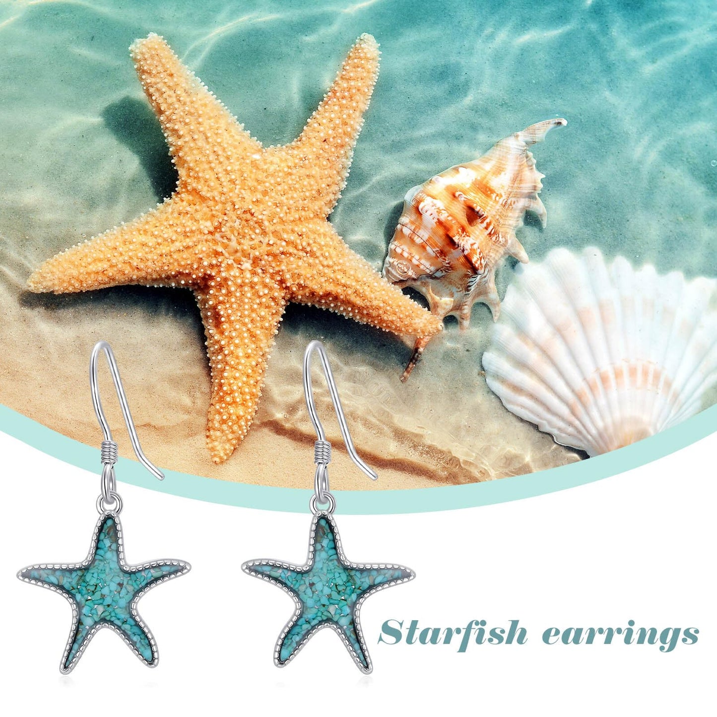 HPQQ Starfish Earrings 925 Sterling Silver Turquoise Starfish Dangle Earrings Ocean Beach Themed Jewelry Mother's Day Jewelry Gifts for Women