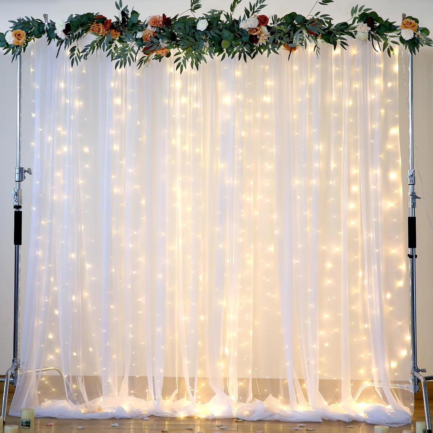 Suppromo 1010ft Decorations(2 10ft10ft) White Backdrop Curtains with Lights String for Wedding Parties Sheer Tulle