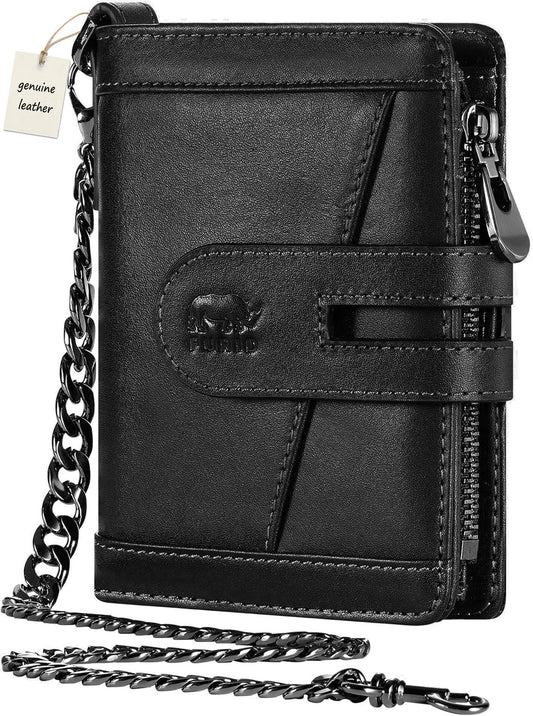 furid Genuine Leather Chain Wallet: Bifold Zipper Coin Pocket with Anti-Theft Chain - RFID Blocking Biker Wallet for Men - Gift for Father Husband Motorcycle Outdoor Use