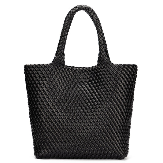 BAGOK Woven Tote Bag for Women, Handwoven Vegan Leather Shoulder Bag with Zipper Clutch, Large Tote Purse for Work, Travel, Beach & Weekend Getaway