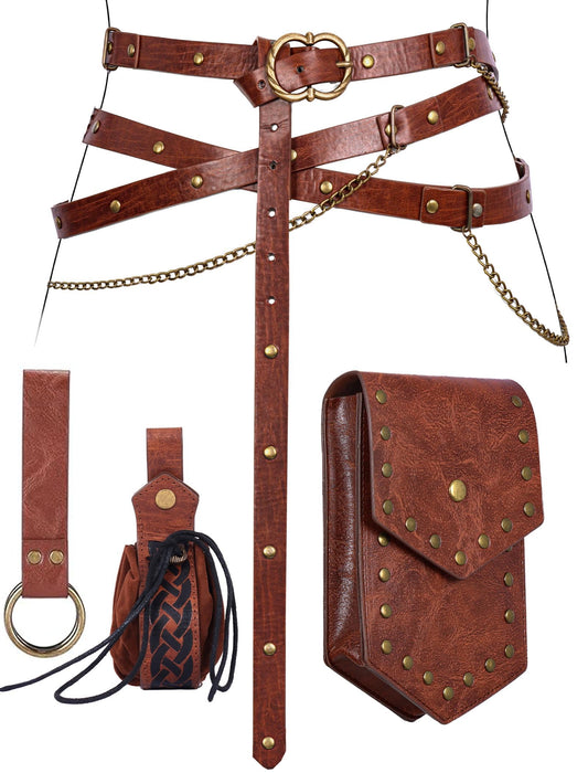 Minhuida Medieval Belt with Renaissance Bag & Detachable Chains, Vintage Faux Leather Waist Pouch Dresses Belt Halloween Cosplay Costume Accessorie
