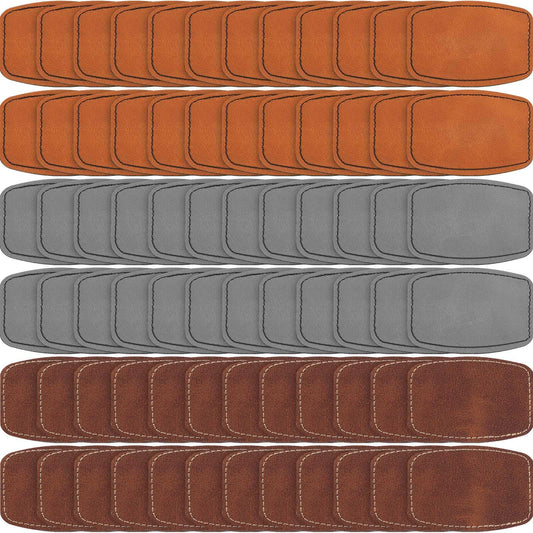 Dunzy 60 Pcs Blank Leatherette Hat Patches with Adhesive Rustic Rounded Rectangle Patch Faux Leather Patches for Hats Costumes Fabric Repair Sew Laser Supplies(Khaki, Gray, Brown,2x3inch)